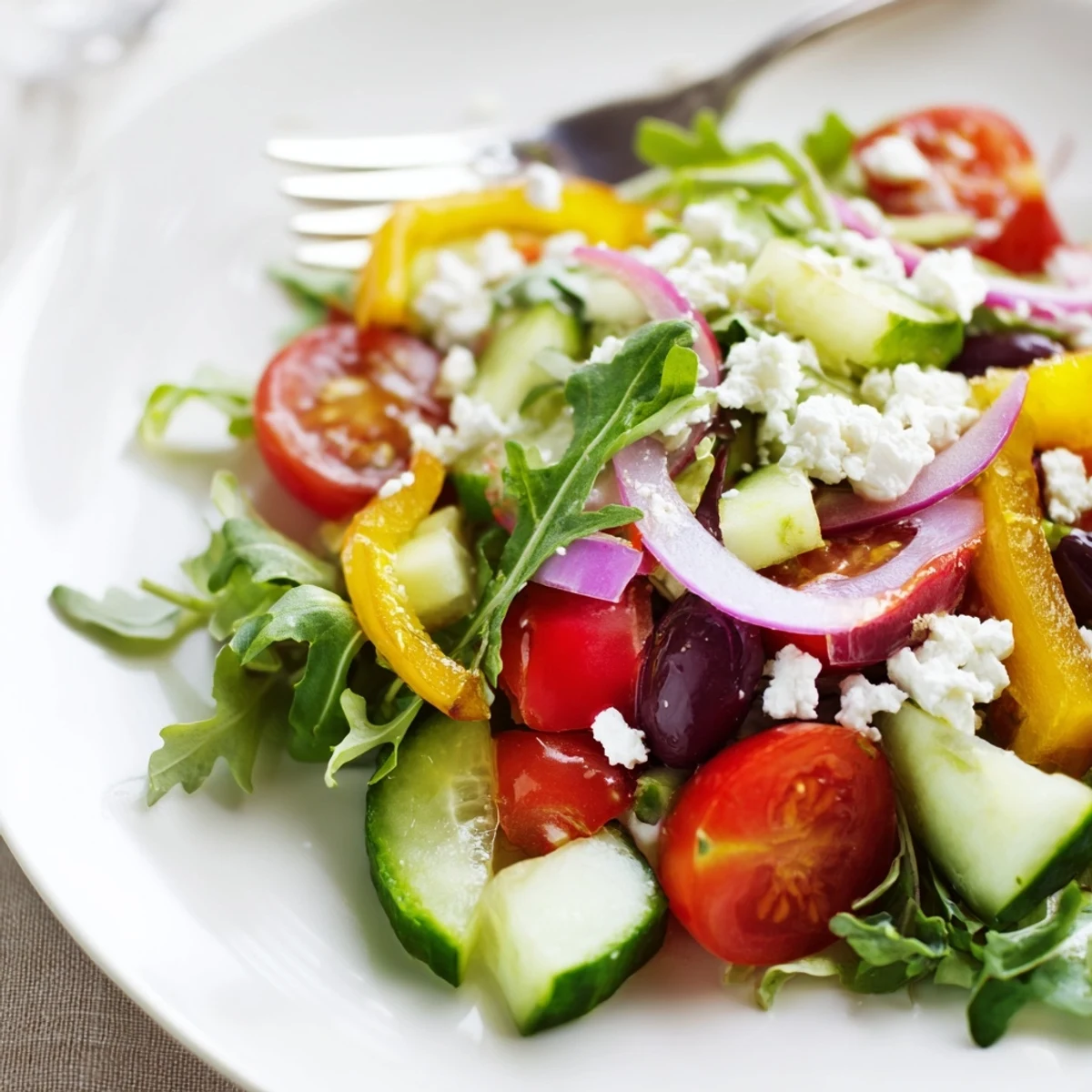 Easy Fresh Salad Recipe tossed in olive oil and lemon, ready to serve.