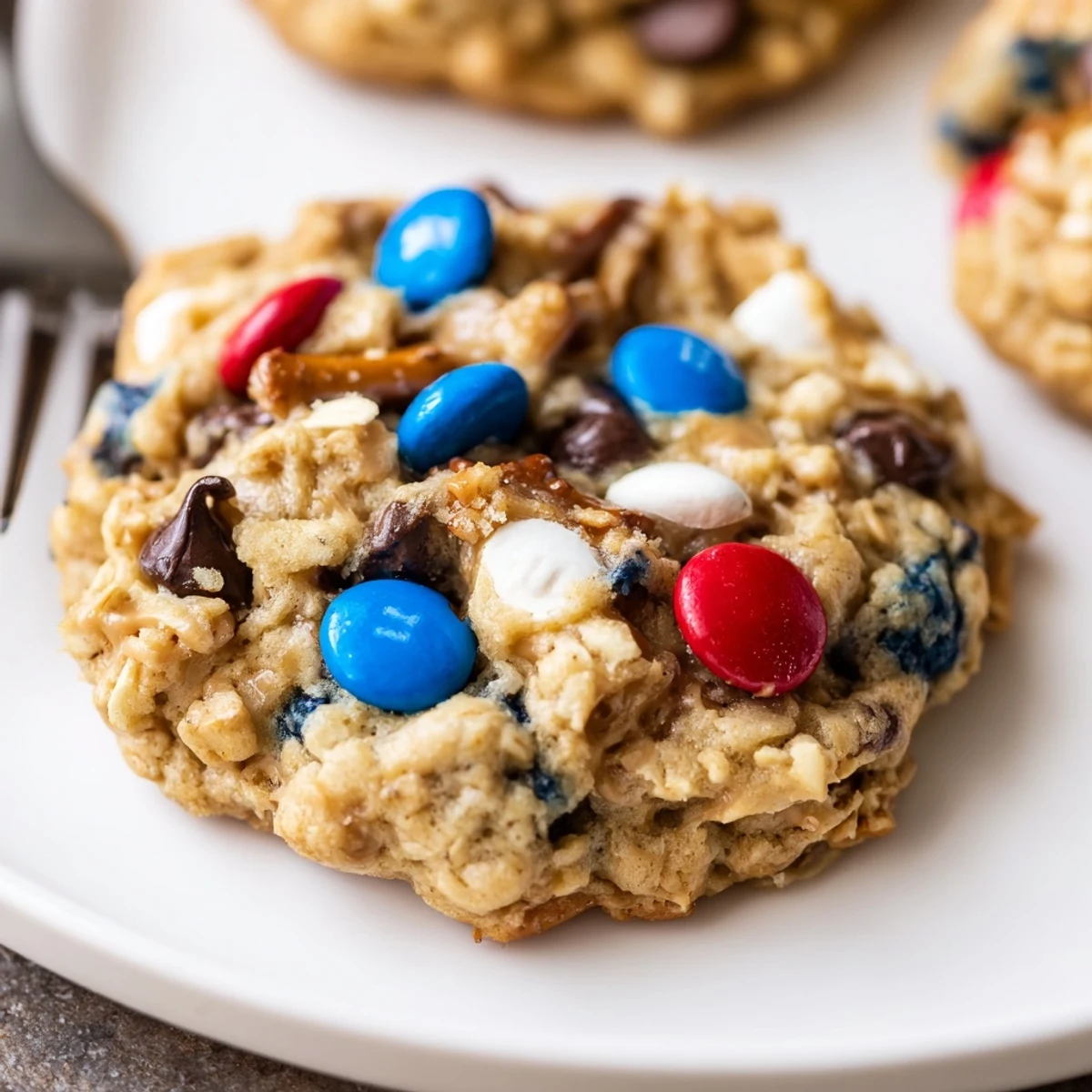 Patriotic Monster Cookies Recipe: chewy oat cookies studded with red, white, blue candies
