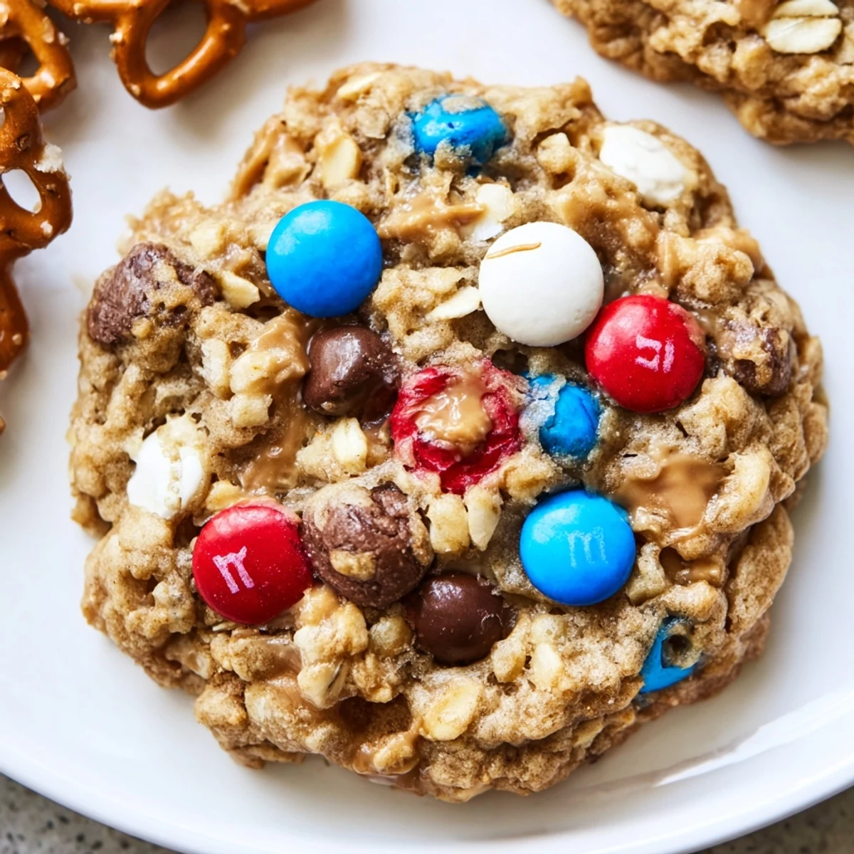 Fresh-baked Patriotic Monster Cookies Recipe cooling on rack, peanut butter aroma wafting