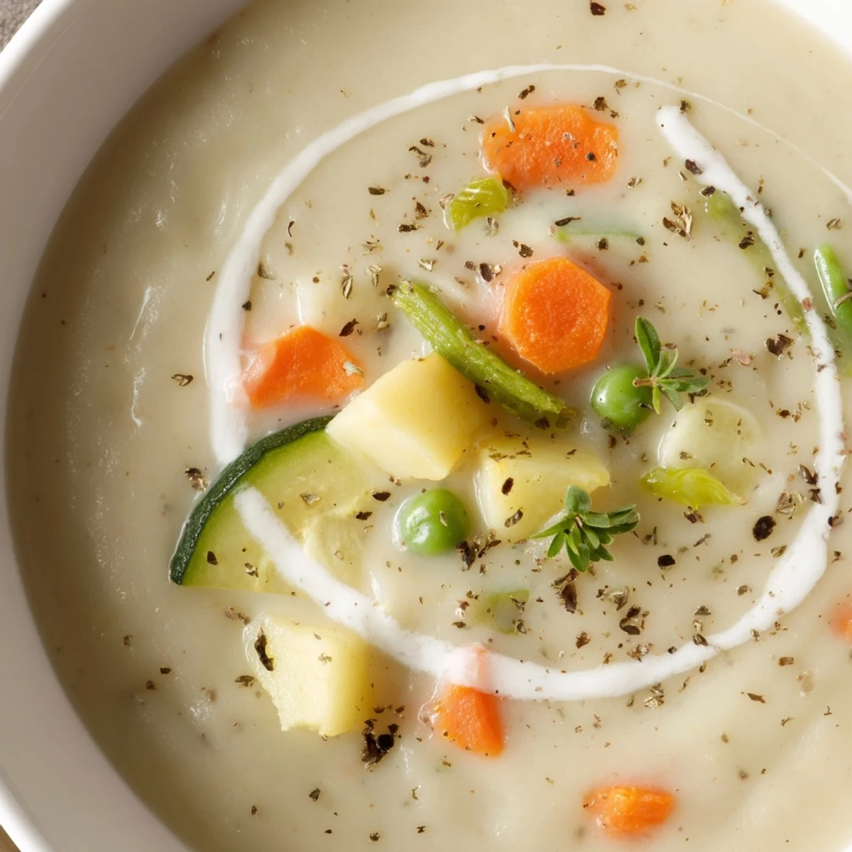 Steaming bowl of Creamy Vegetable Soup Recipe, velvety texture and parsley.