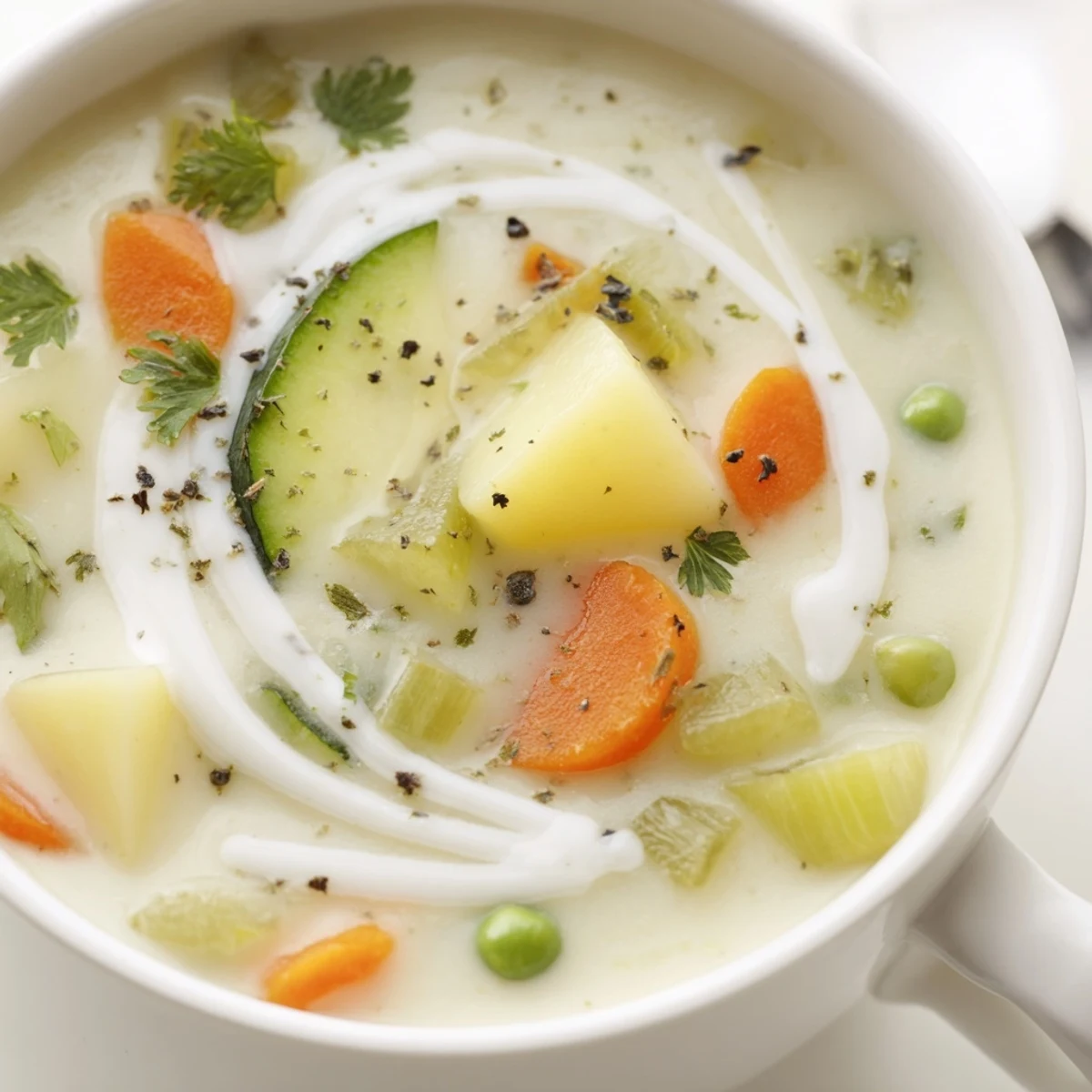 Hearty Creamy Vegetable Soup Recipe served hot with crusty bread slice.