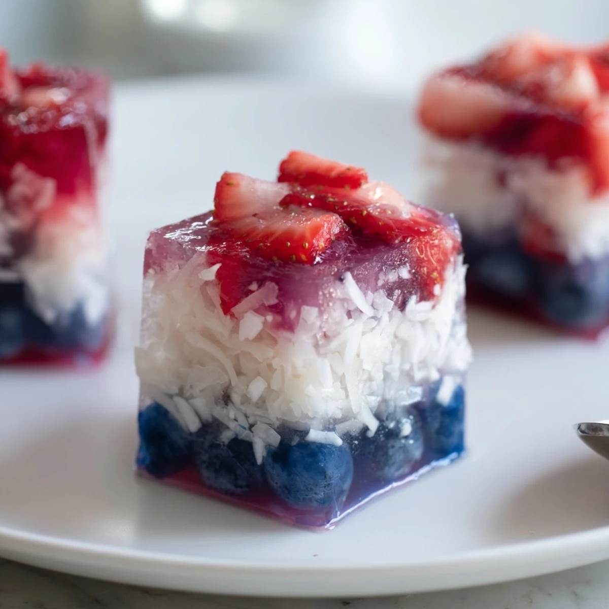 Frosty layered fruit, coconut, and berries in Red White And Blue Ice Cubes Recipe