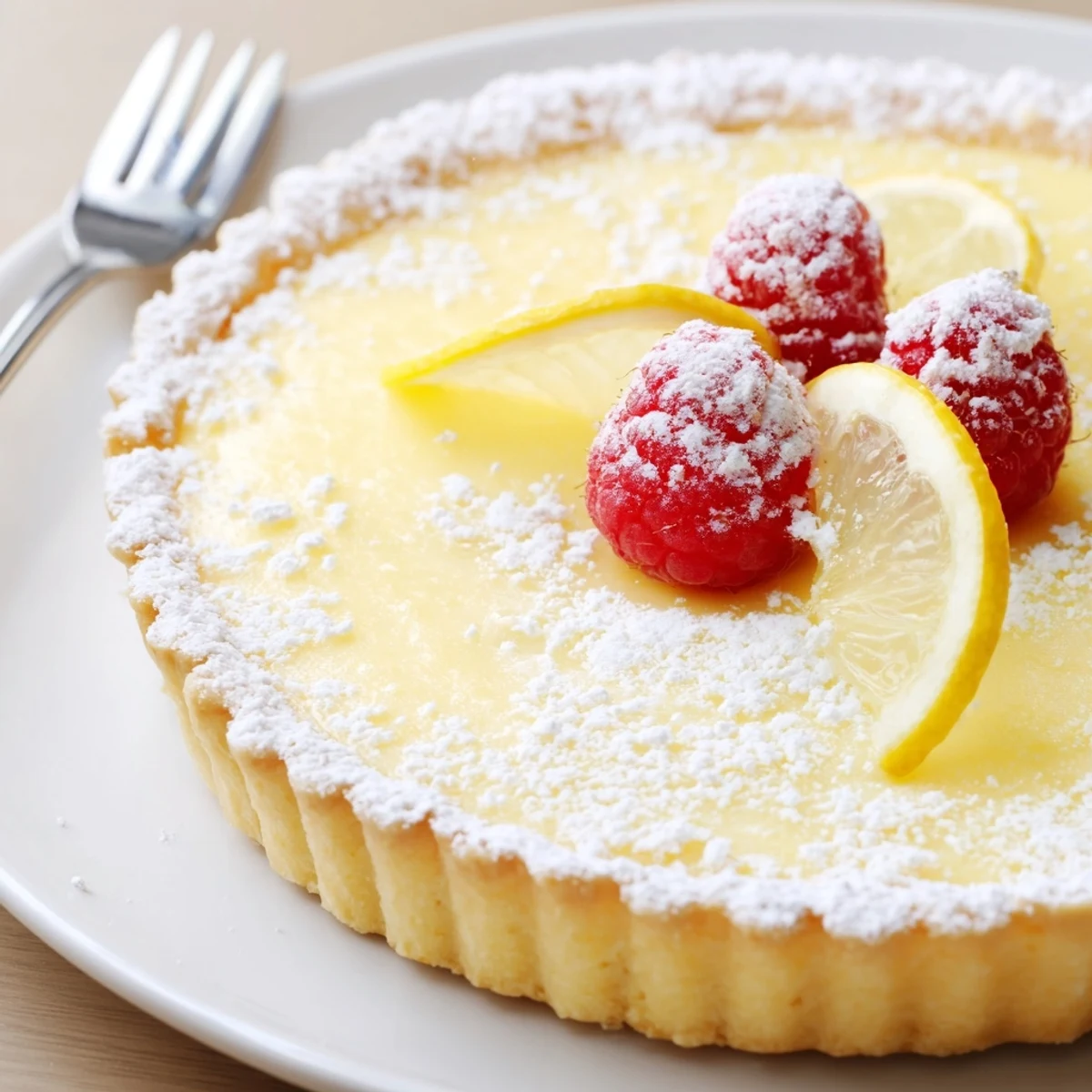 Freshly baked Creamy Lemon Tart Recipe cooling on rack, bright citrus aroma