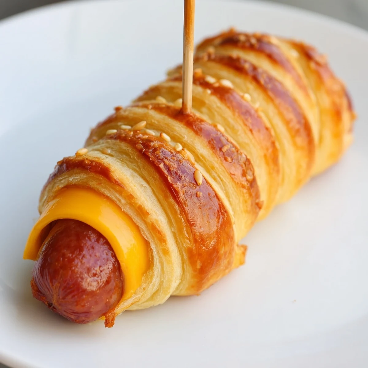 Firecracker Hot Dogs Recipe: golden crescent roll wrapped dogs glistening with melted butter