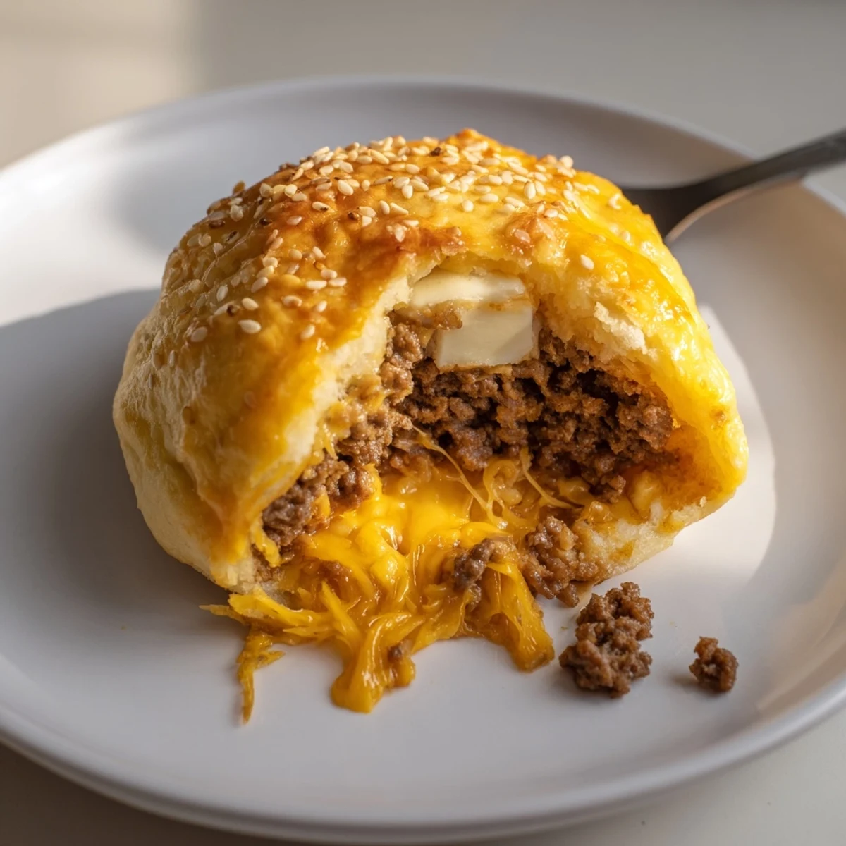 Golden, gooey Cheesy Cheeseburger Bombs Explosion Recipe on parchment, sesame-topped, steaming