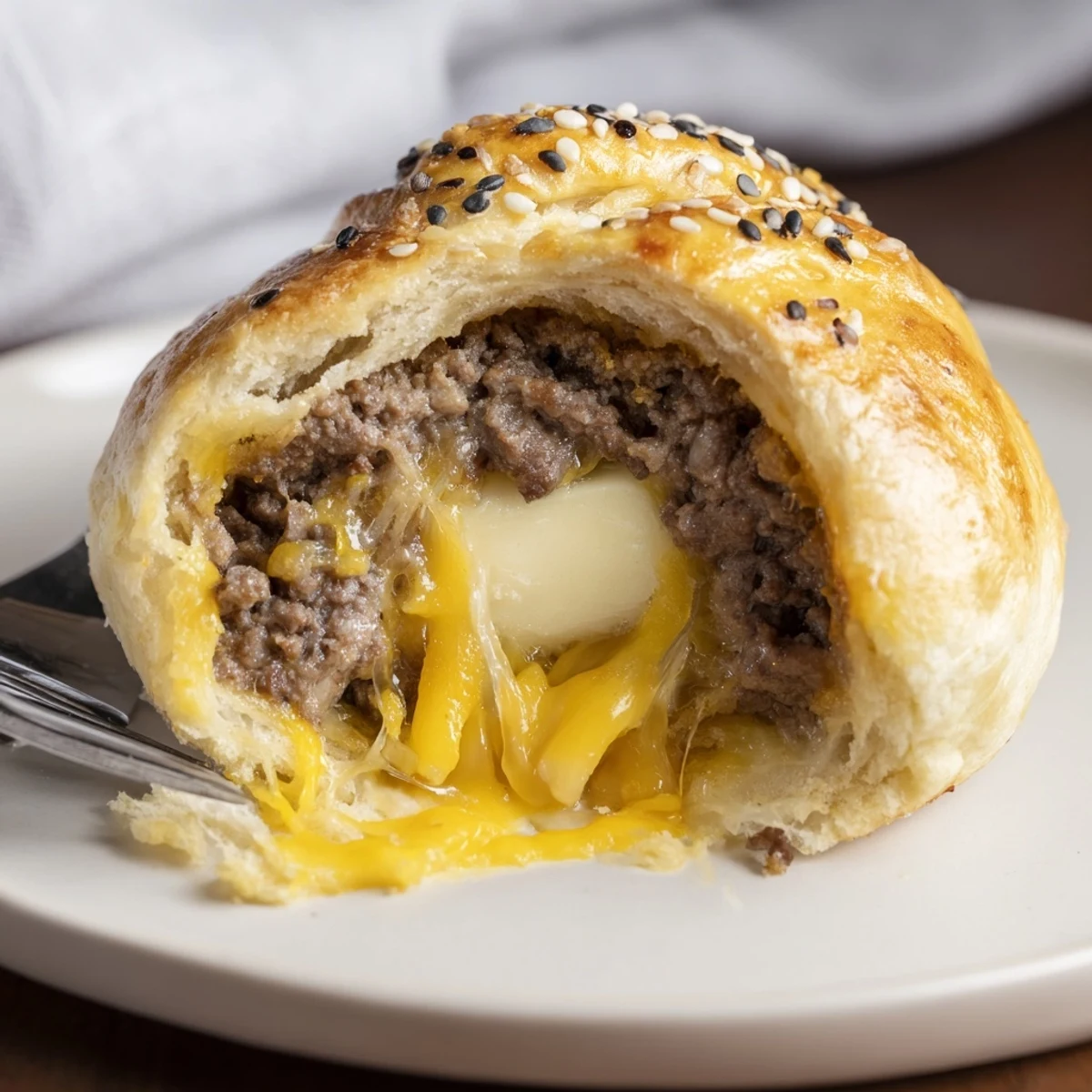 Handheld Cheesy Cheeseburger Bombs Explosion Recipe split open, oozing melted cheddar