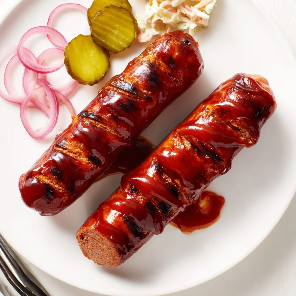 BBQ Sausage Recipe sizzling on grill, glazed with caramelized tangy barbecue sauce