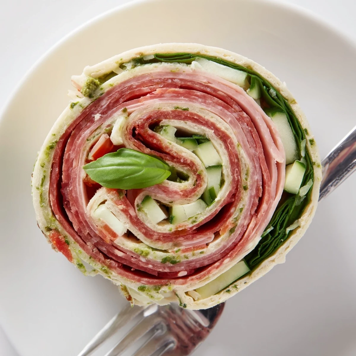 Italian Pinwheel Sandwiches on a platter, cream cheese, salami, colorful peppers.  