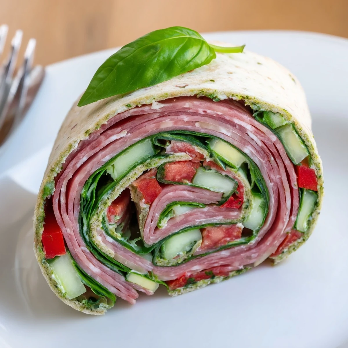 Chilled Italian Pinwheel Sandwiches sliced into spirals, pesto aroma and fresh basil.  