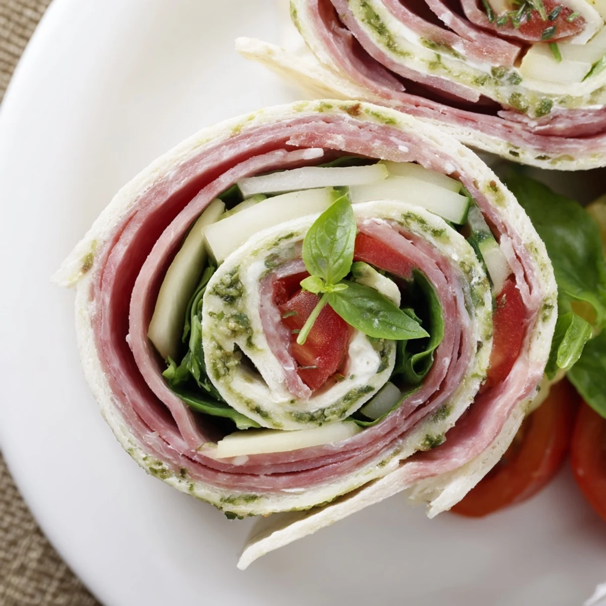 Party-ready Italian Pinwheel Sandwiches with provolone, ham layers, crisp cucumber bite.