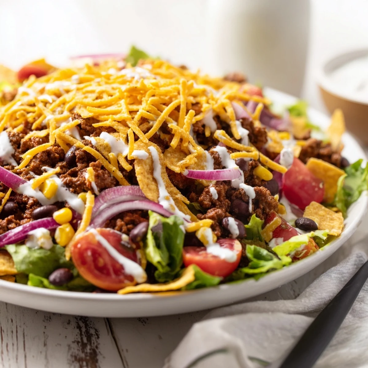 Simple Doritos Taco Salad piled with seasoned beef, crunchy chips, vibrant veggies.