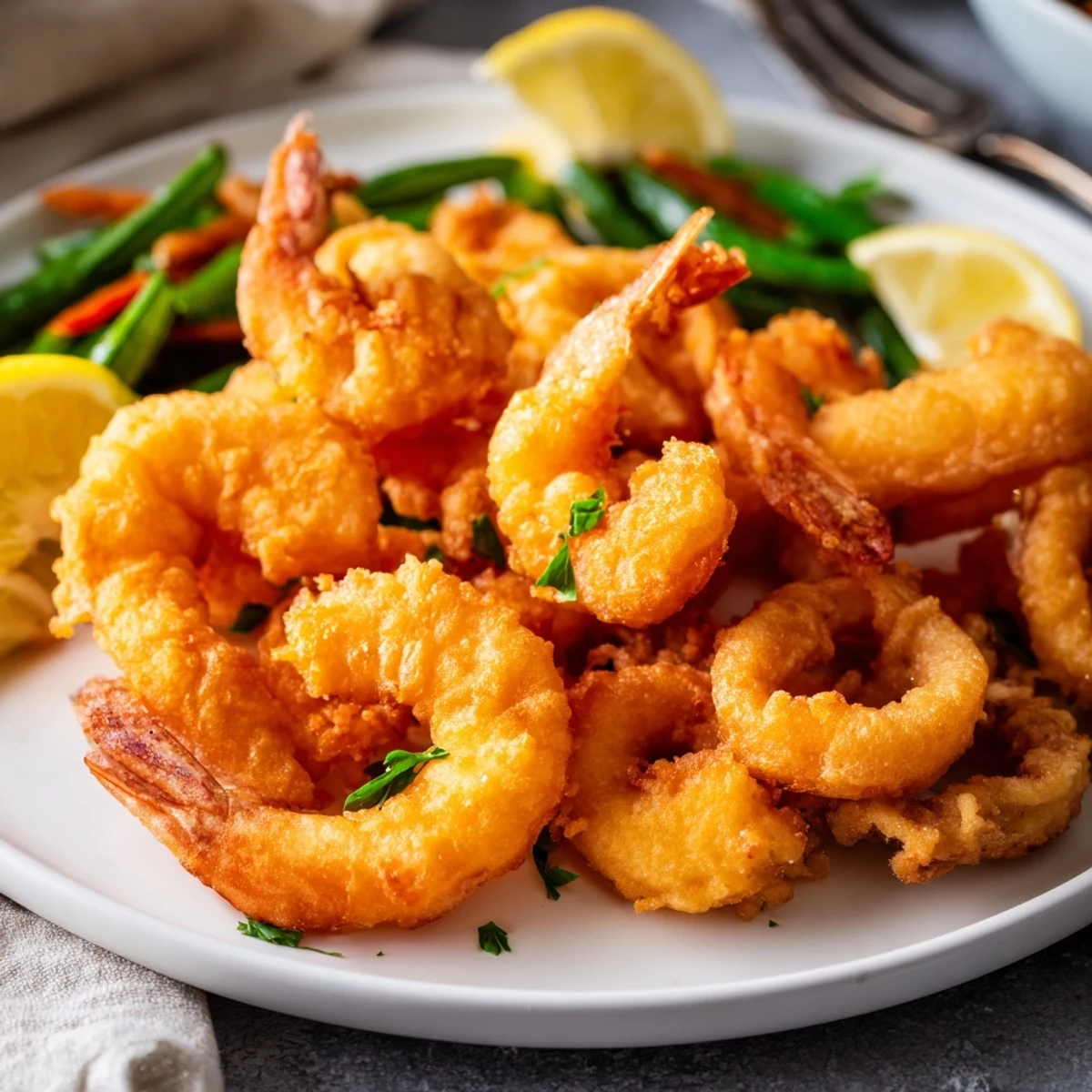 Crispy Shrimp Fritto Misto piled on platter, golden crunch, lemon wedges