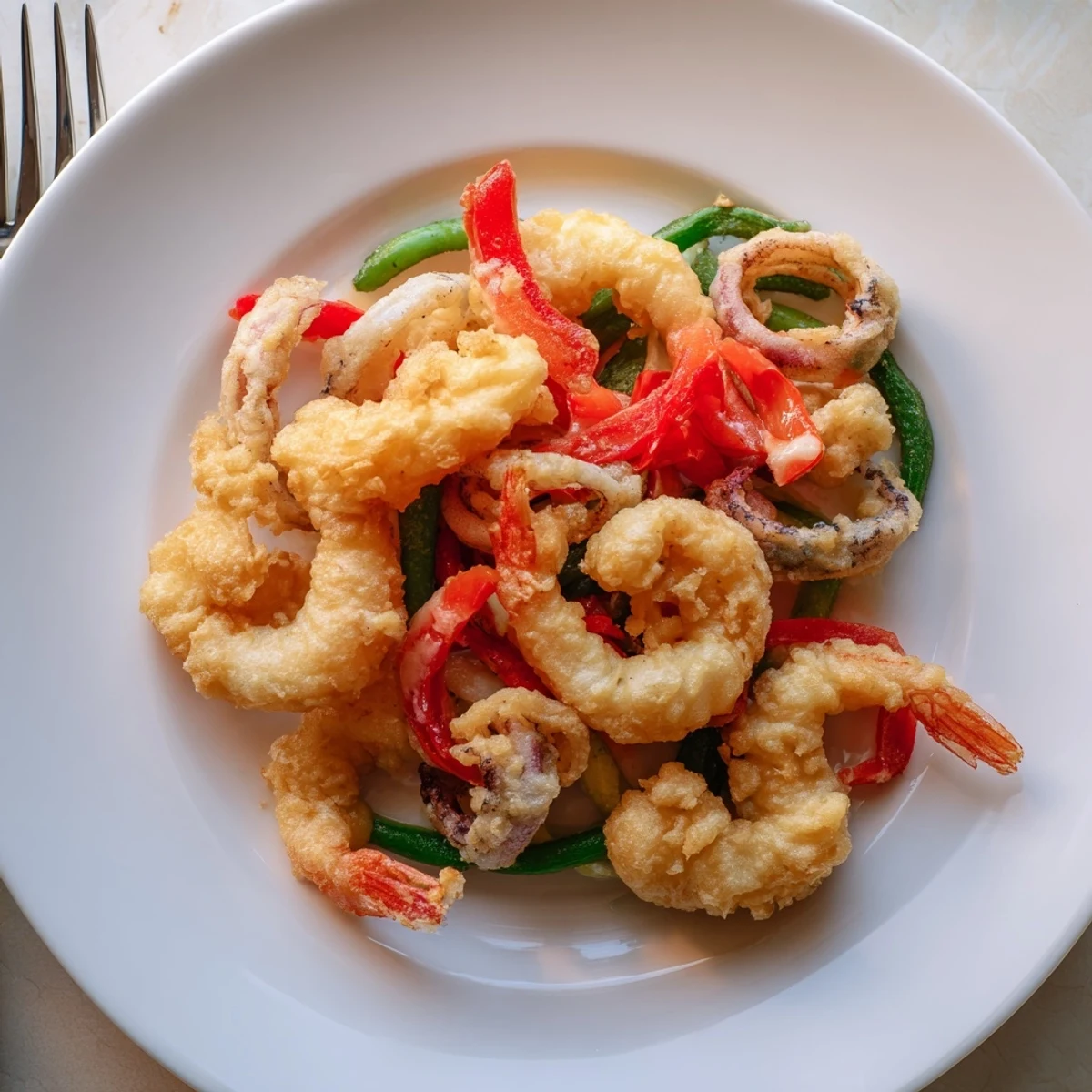 Hot platter of golden fried vegetables and Crispy Shrimp Fritto Misto, parsley