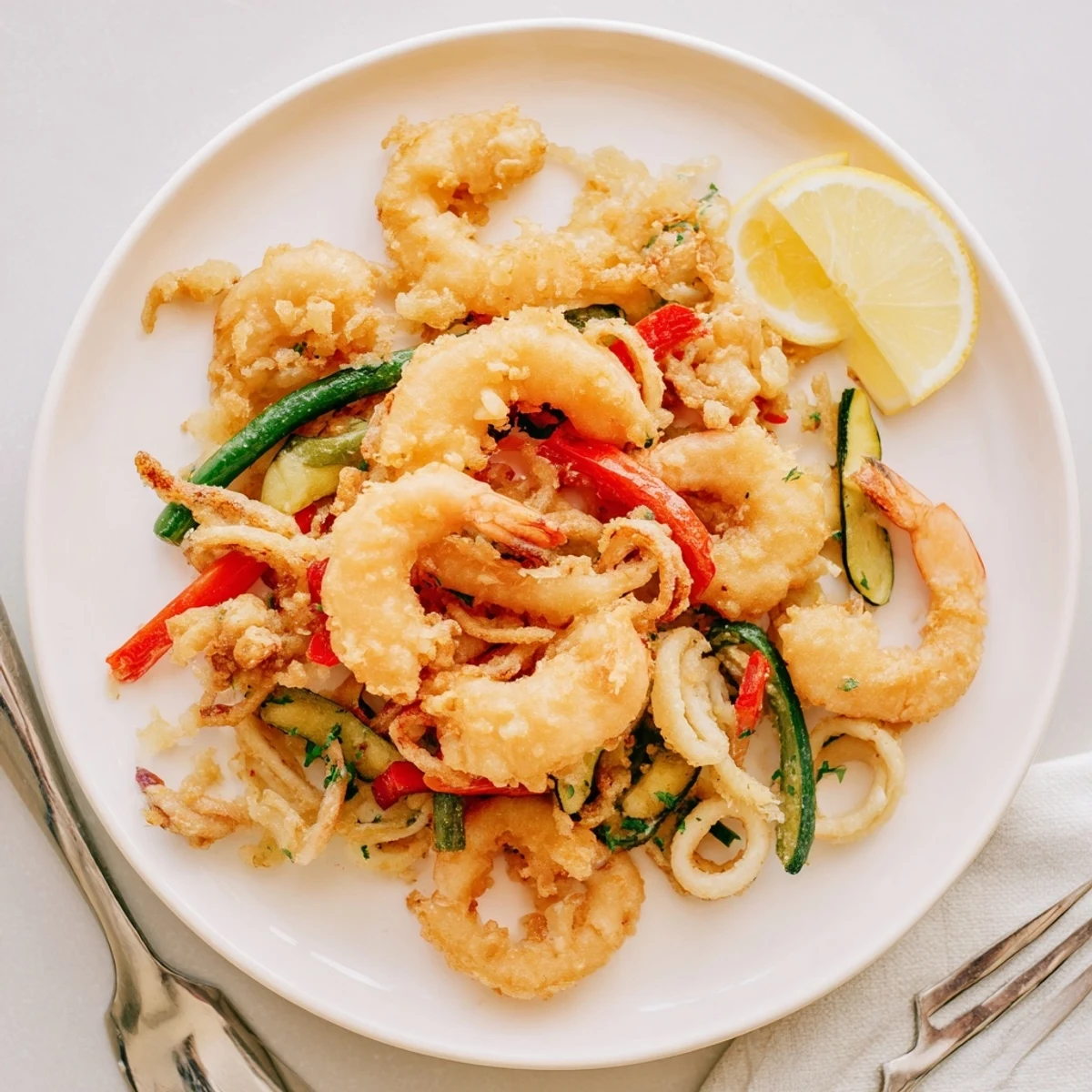 Lemon wedges and aioli alongside steaming basket of Crispy Shrimp Fritto Misto