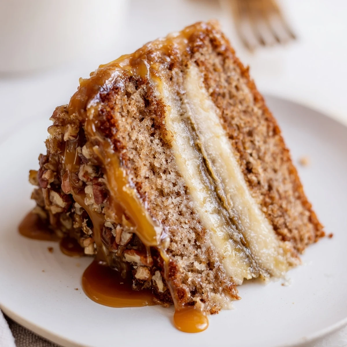 Warm Salted Caramel Brown Butter Banana Cake slice steaming, served with vanilla ice cream