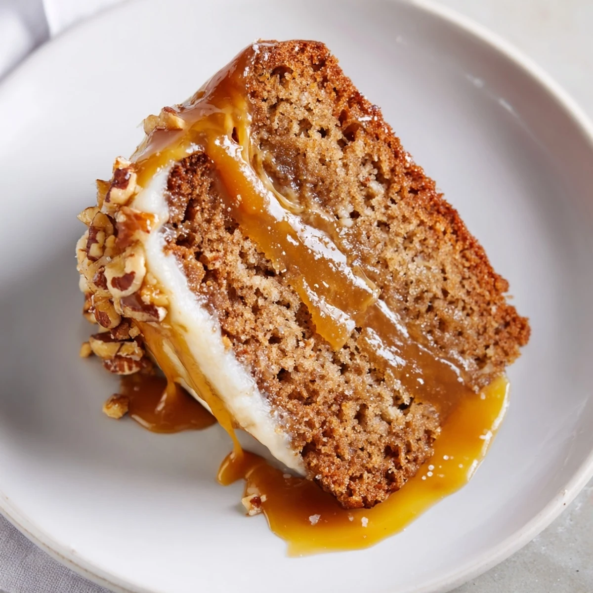 Salted Caramel Brown Butter Banana Cake with glossy caramel drizzle and toasted pecans