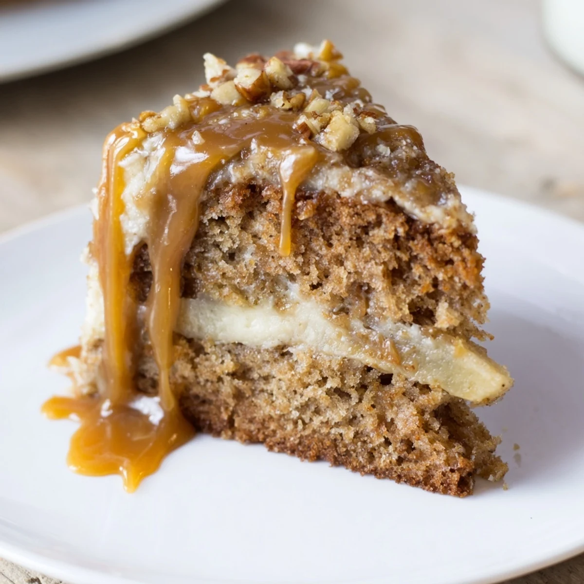 Slices of Salted Caramel Brown Butter Banana Cake showing moist crumb and nutty aroma