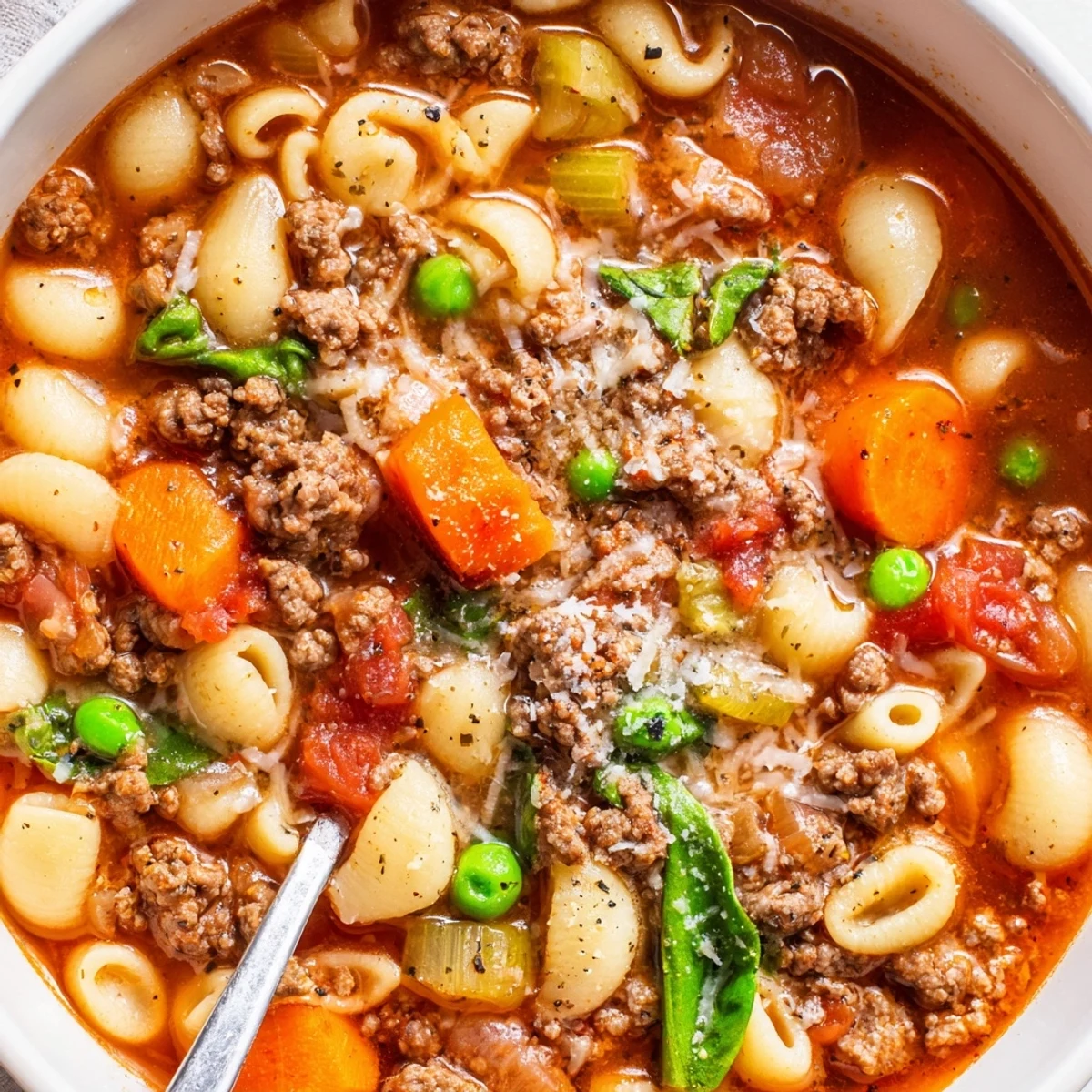 Steaming bowl of Delicious Homemade Ground Beef Pasta Soup Recipe For Comfort with Parmesan