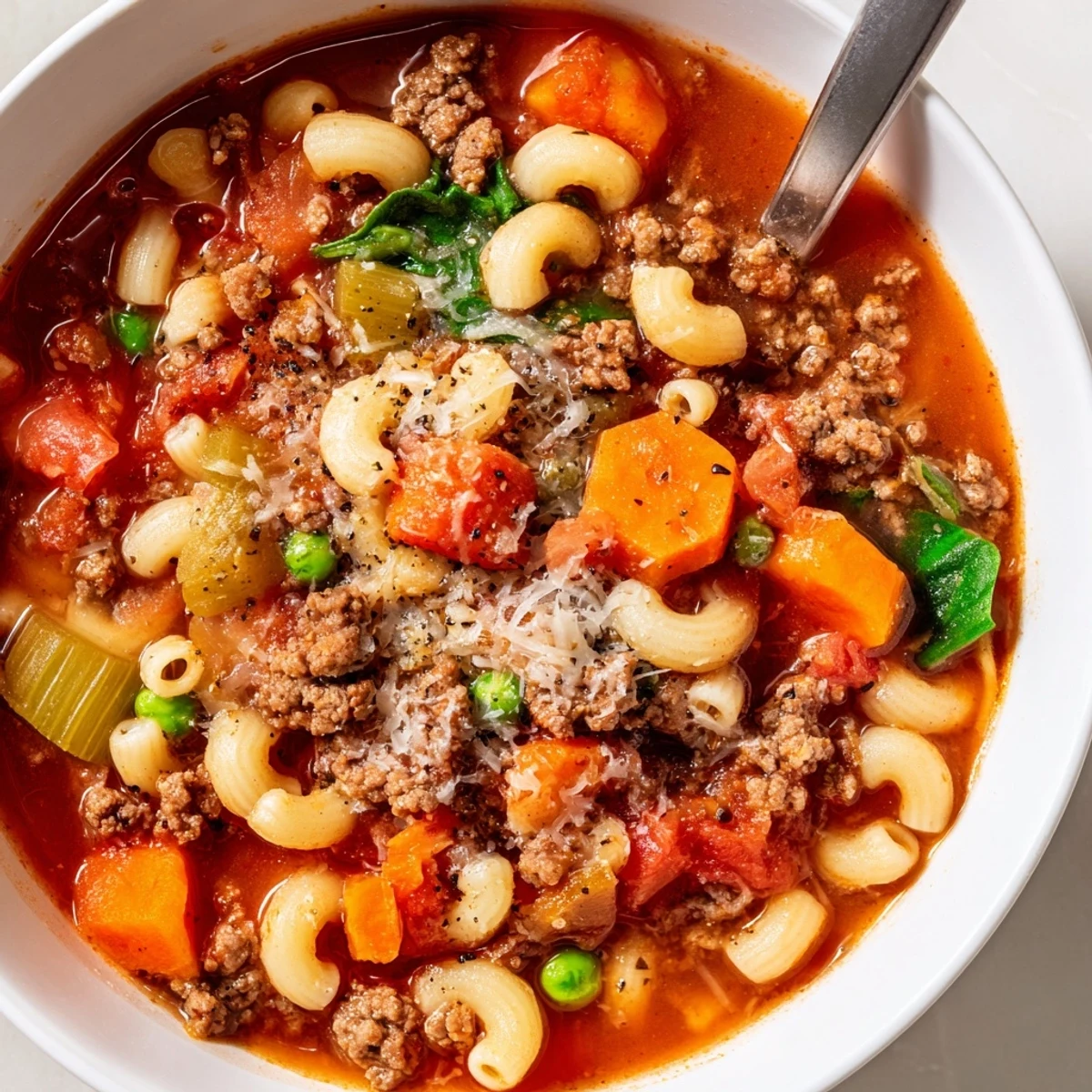 Delicious Homemade Ground Beef Pasta Soup Recipe For Comfort ladled into bowls, hearty, aromatic
