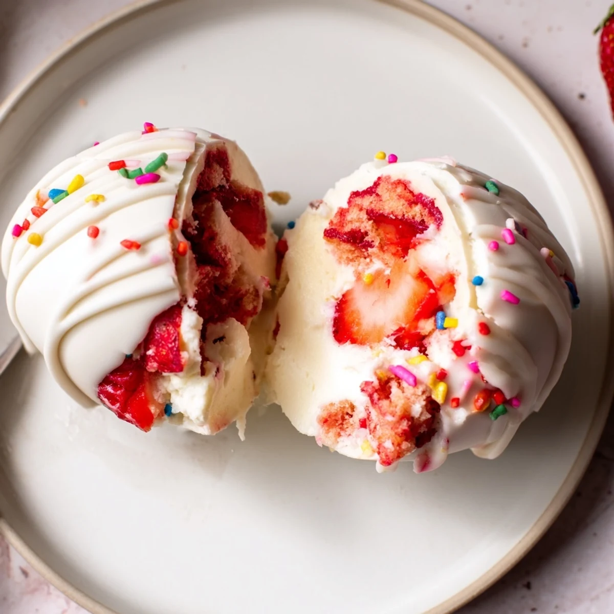 Close-up of halved Strawberry Shortcake Easter Egg Bombs showing macerated strawberries