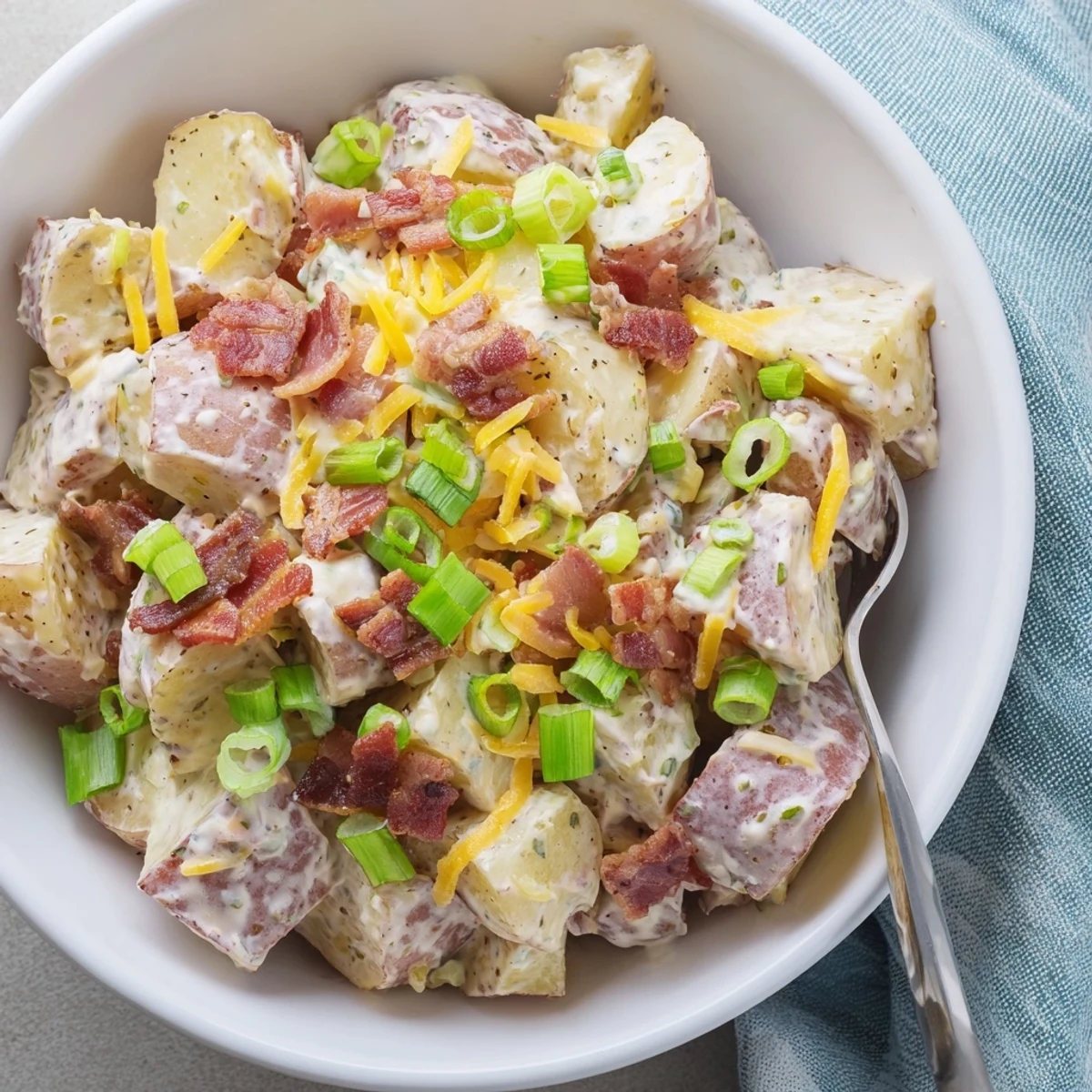 Beef Bacon Loaded Potato Salad piled high, creamy dressing, crispy bacon bits