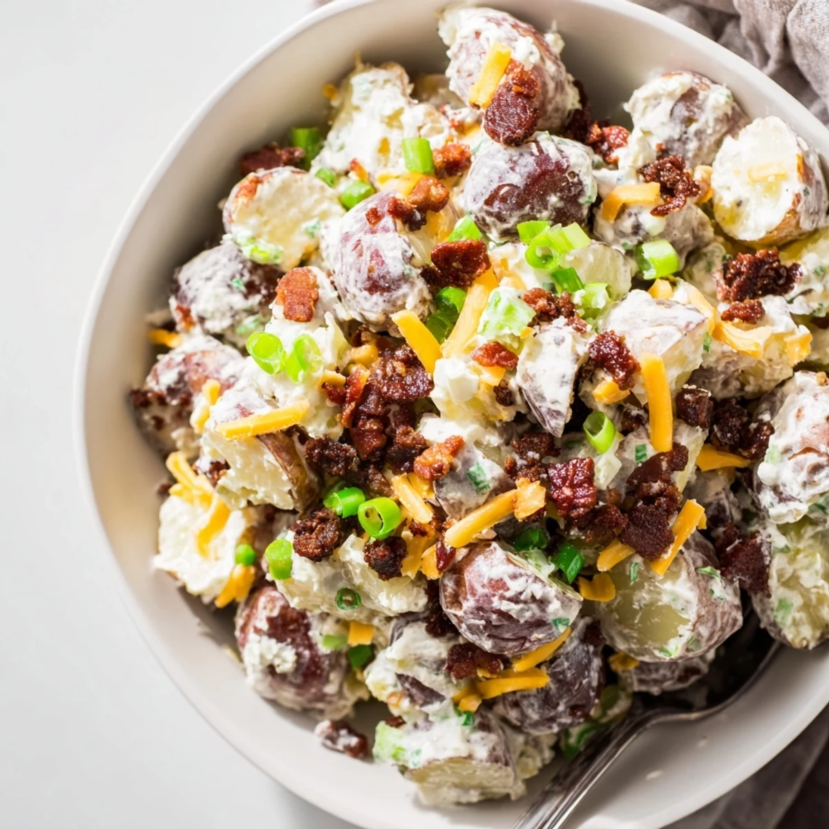 Family-style Beef Bacon Loaded Potato Salad garnished, cool and tangy, perfect potluck