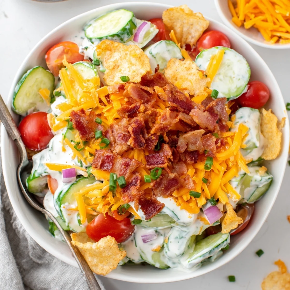 Heaping Cucumber Ranch Crack Salad with smoky bacon, crunchy kettle-chip topping