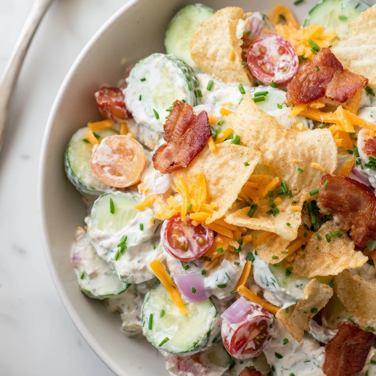 Bright Cucumber Ranch Crack Salad tossed in creamy ranch and sharp cheddar