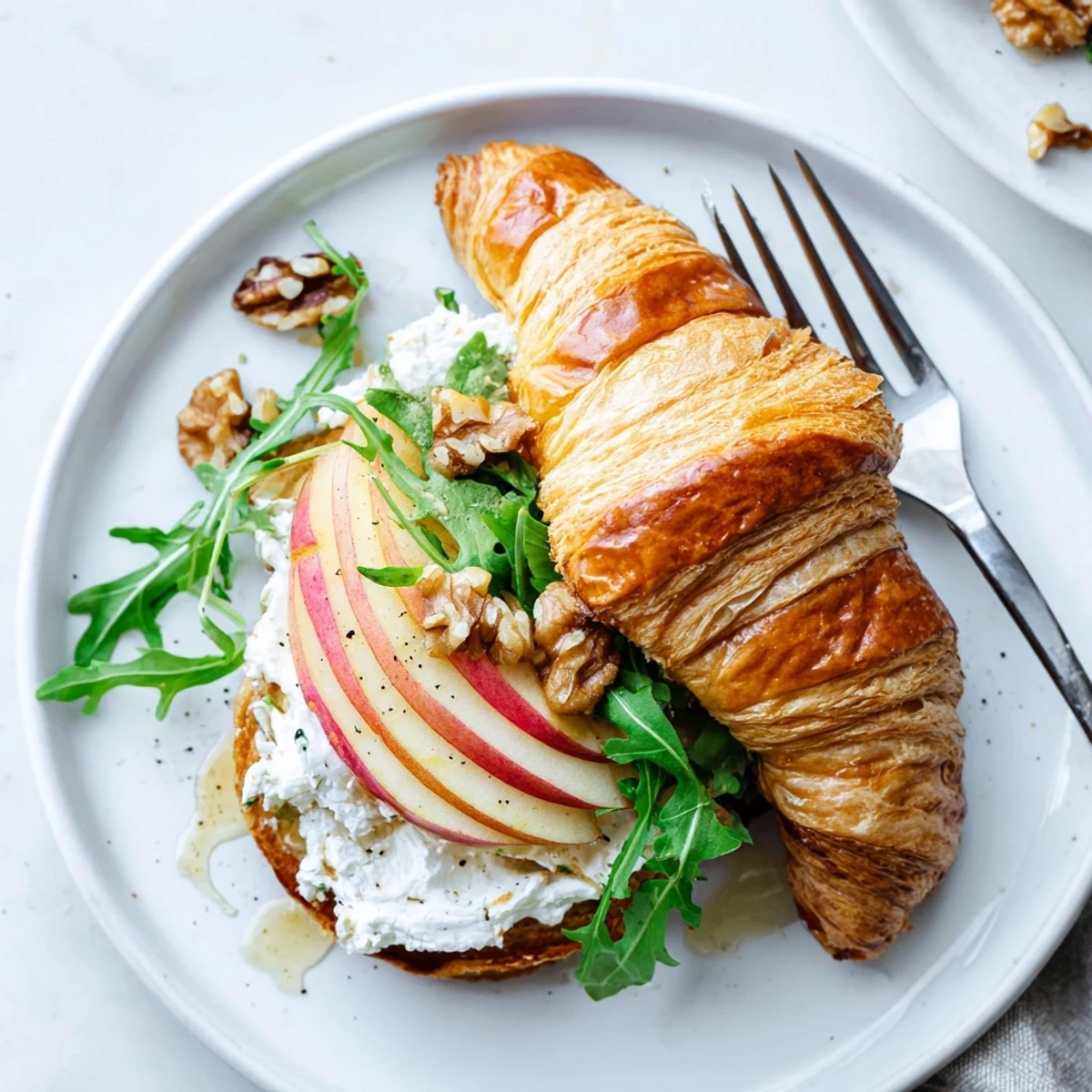 Apple Goat Cheese Croissant Sandwich served open-faced on wooden board, arugula peeking