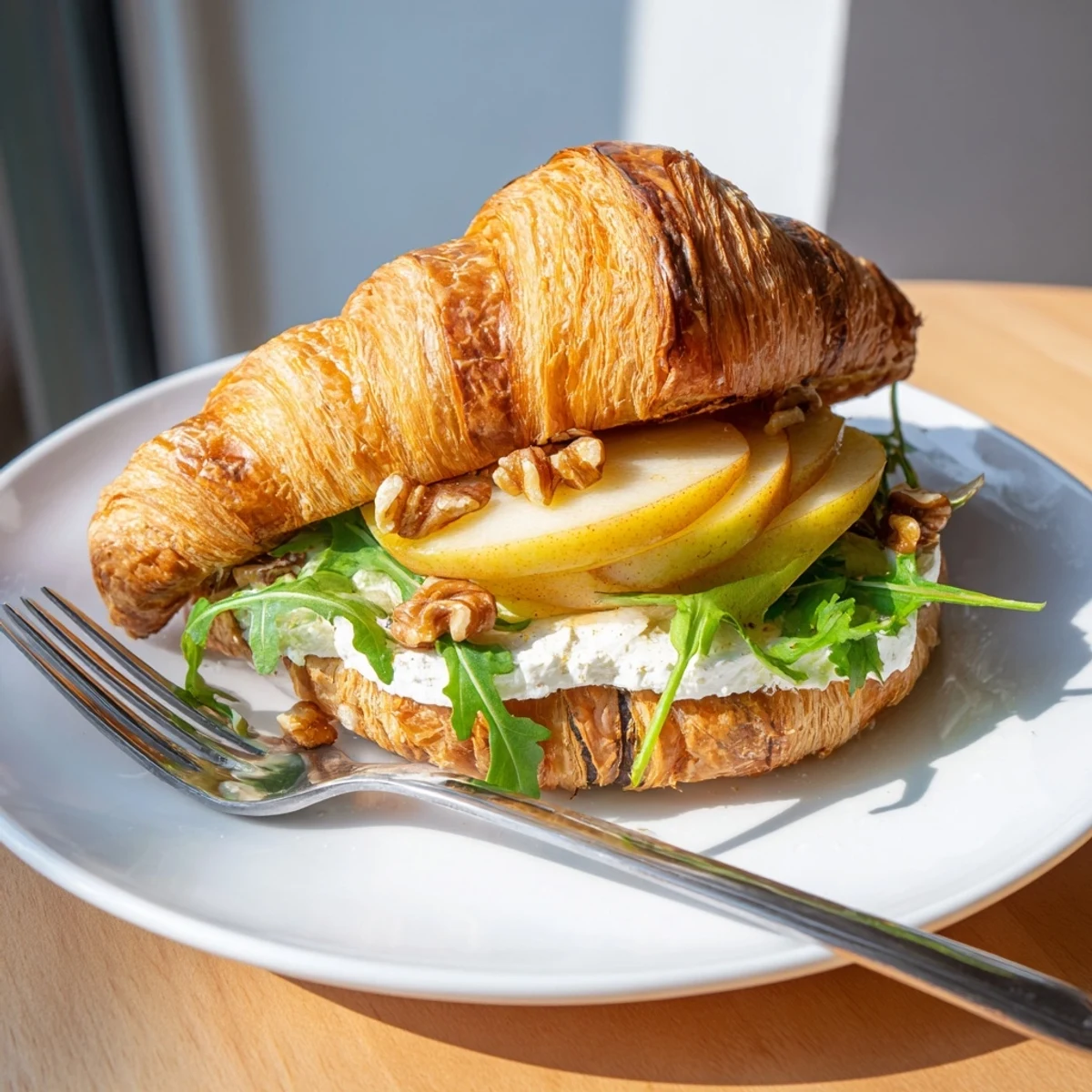 Apple Goat Cheese Croissant Sandwich drizzled with honey, crunchy walnuts, baby spinach