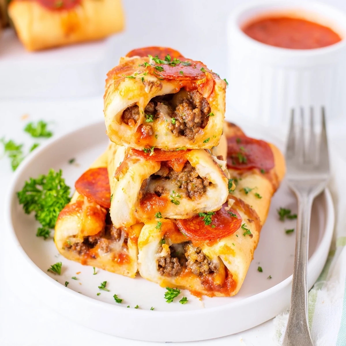 Fresh-baked Cheesy Beef Pepperoni Pizza Roll Ups cooling on parchment, basil garnish