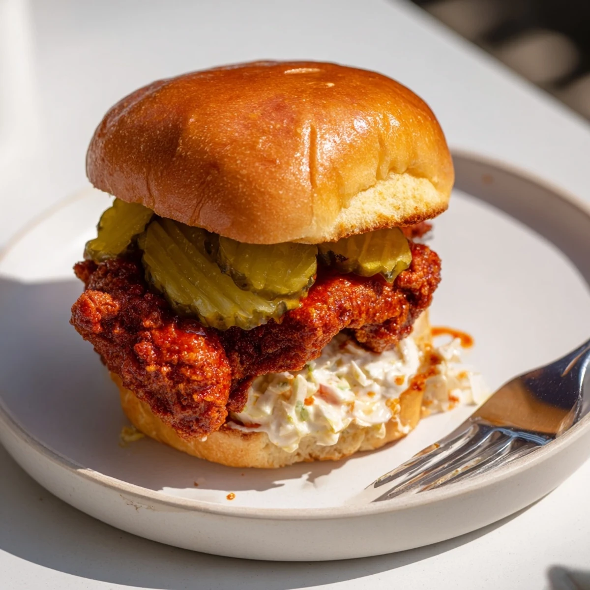 Buttery toasted bun holds Spicy Nashville Hot Chicken Sandwiches Recipe To Savor, creamy slaw