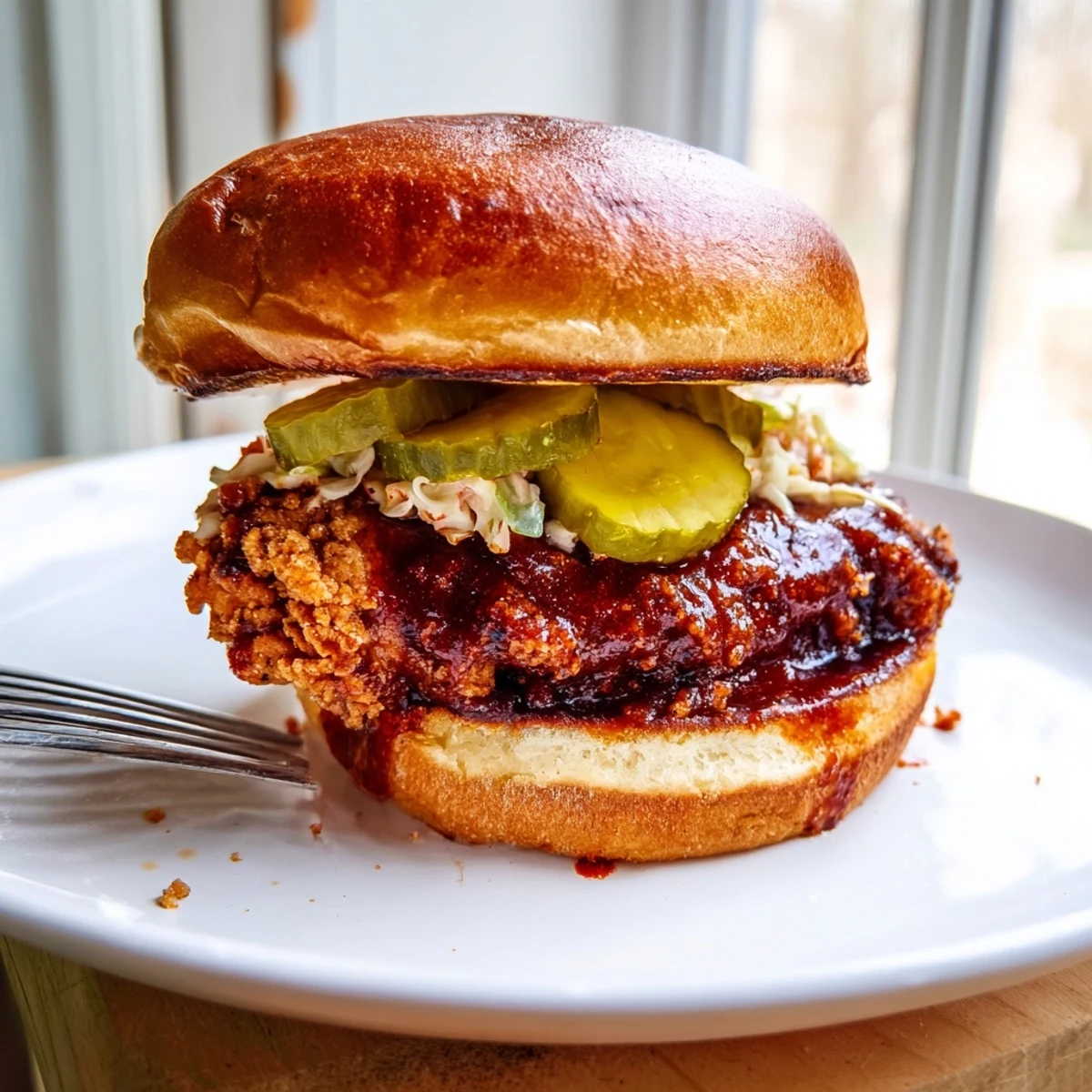Crispy, fiery chicken sits layered in Spicy Nashville Hot Chicken Sandwiches Recipe To Savor