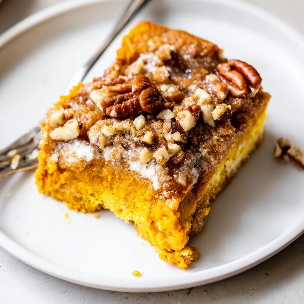 Warm Pumpkin Dump Cake with golden pecan crust, served with vanilla ice cream