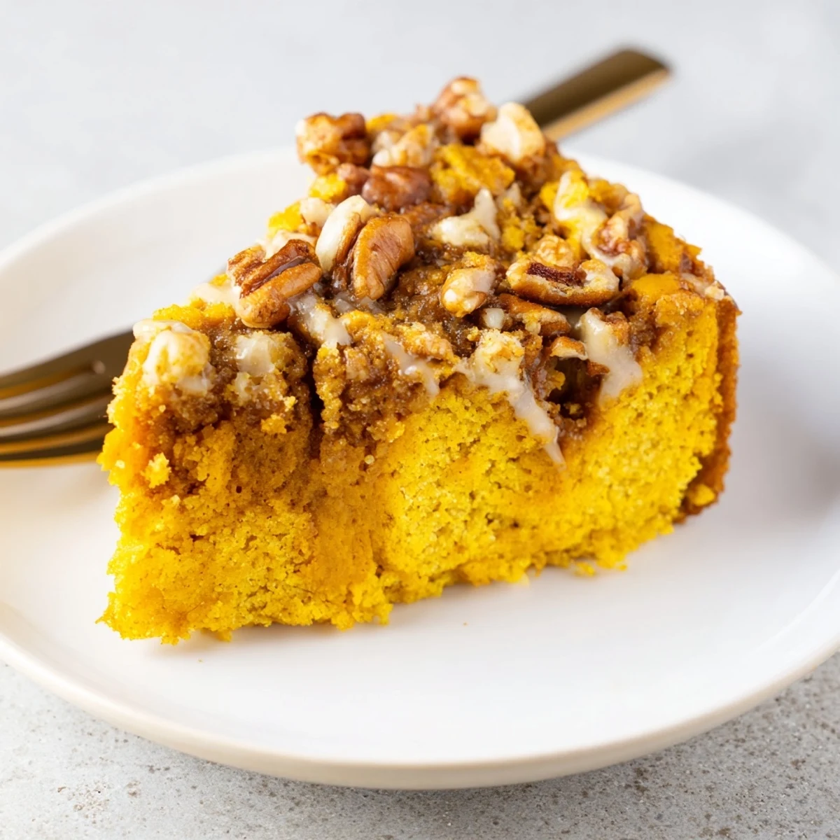 Slice of Pumpkin Dump Cake steaming on plate, spiced pumpkin aroma