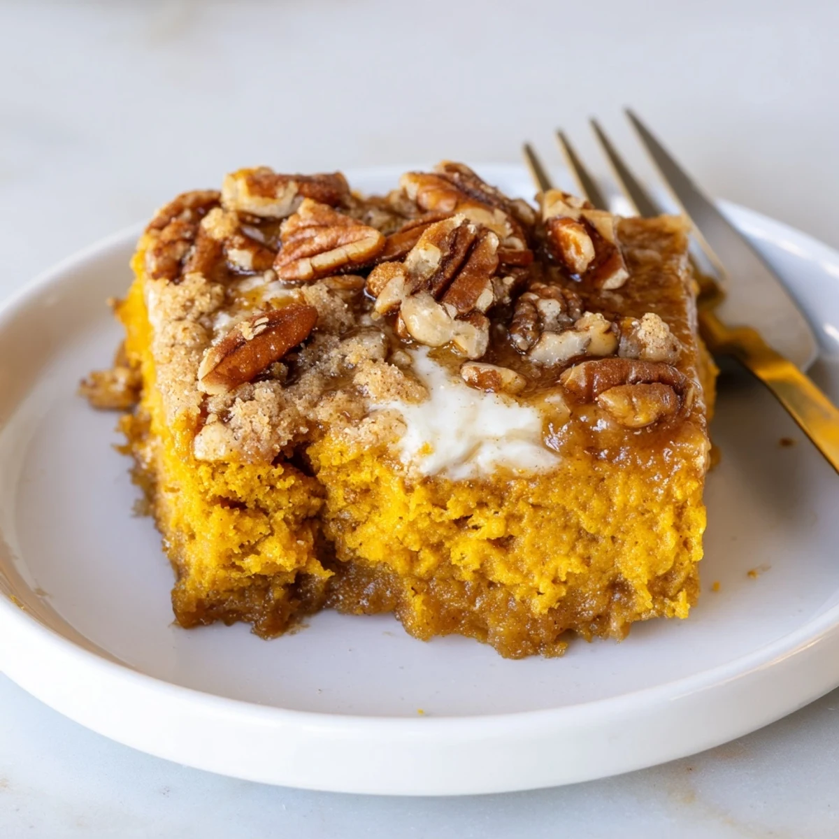 Rustic Pumpkin Dump Cake cooling in pan, buttery crumbs and toasted pecans