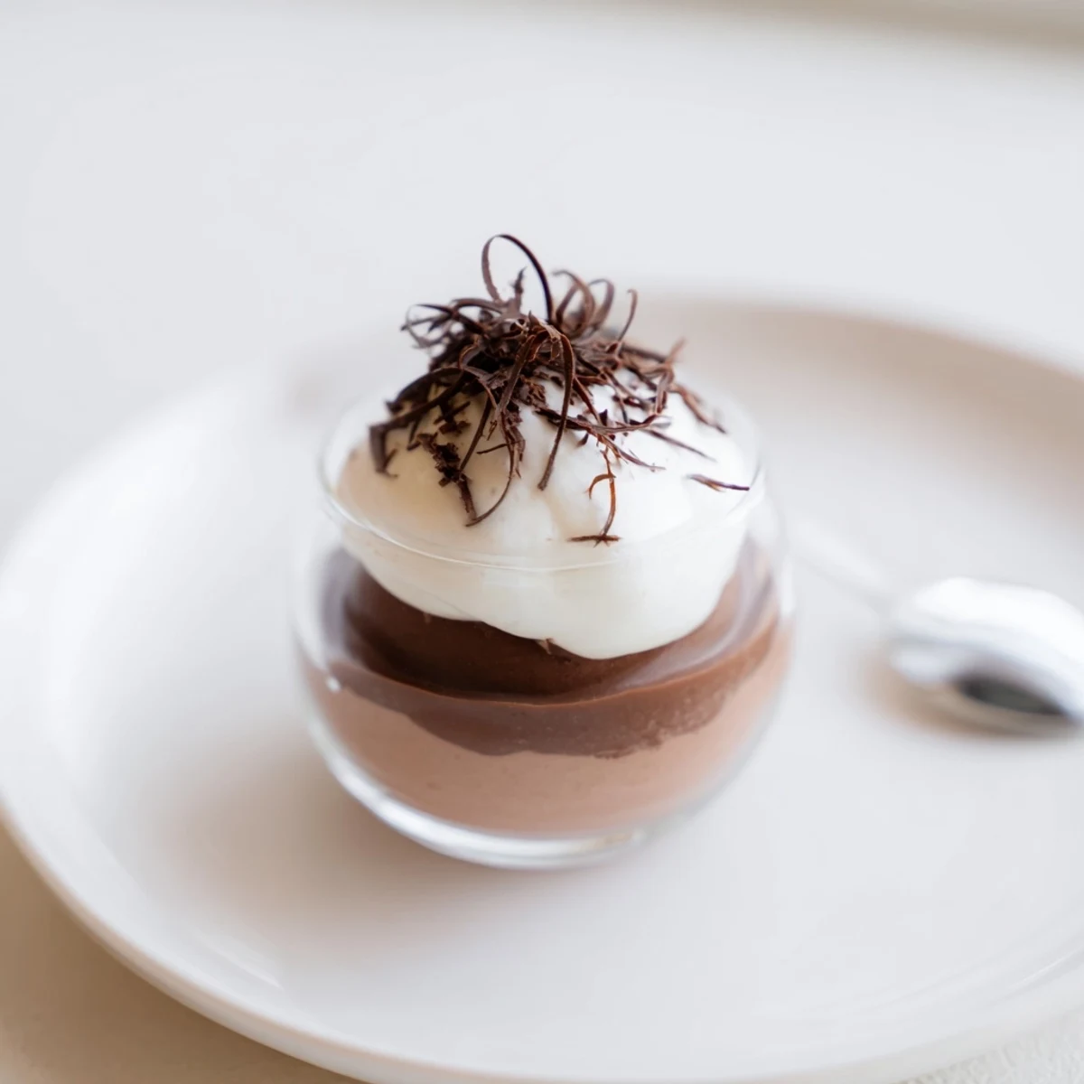 Chilled Triple Chocolate Mousse Cups topped with shaved chocolate, creamy melt in mouth layers
