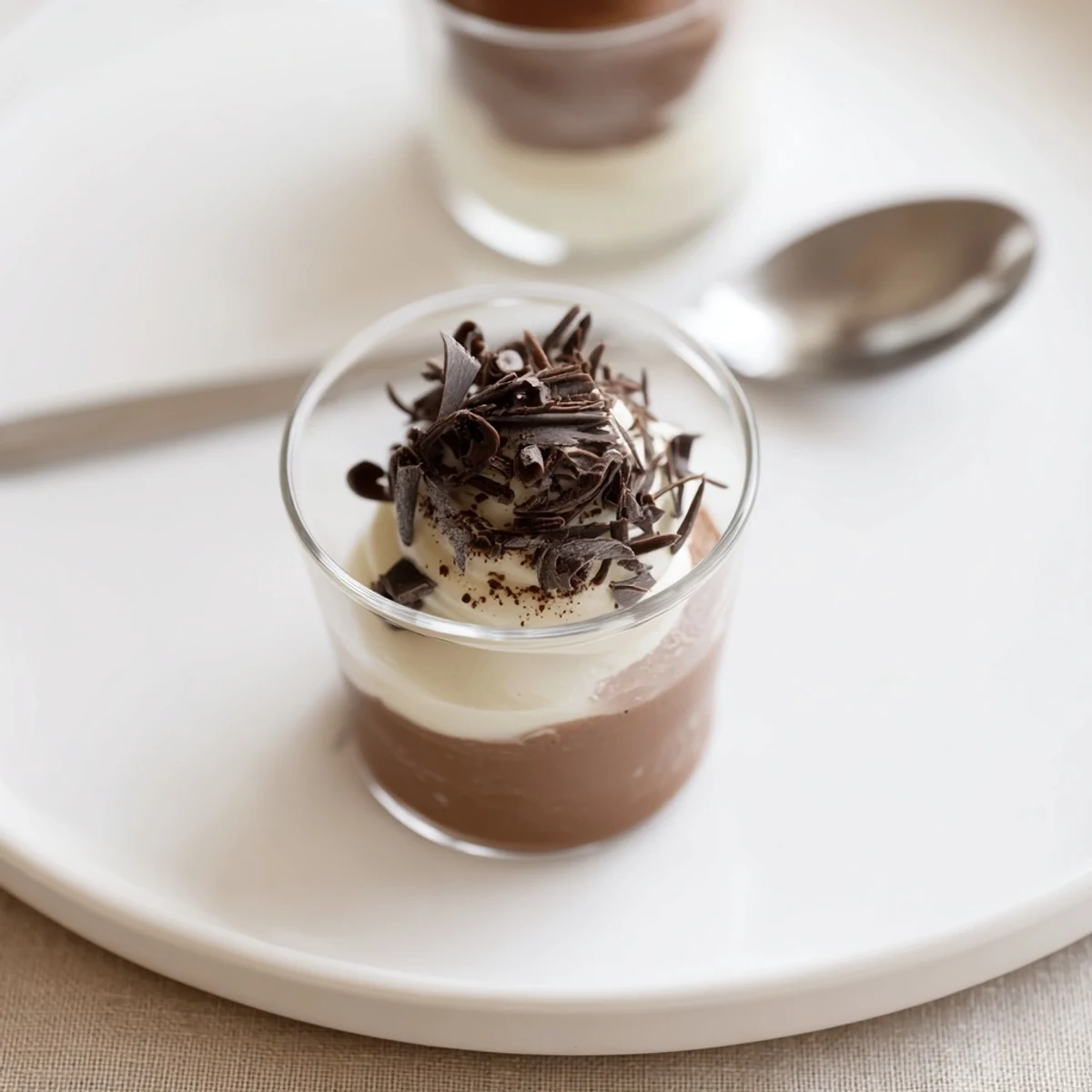 Spoon ready, Triple Chocolate Mousse Cups served in small glasses with cocoa dusting