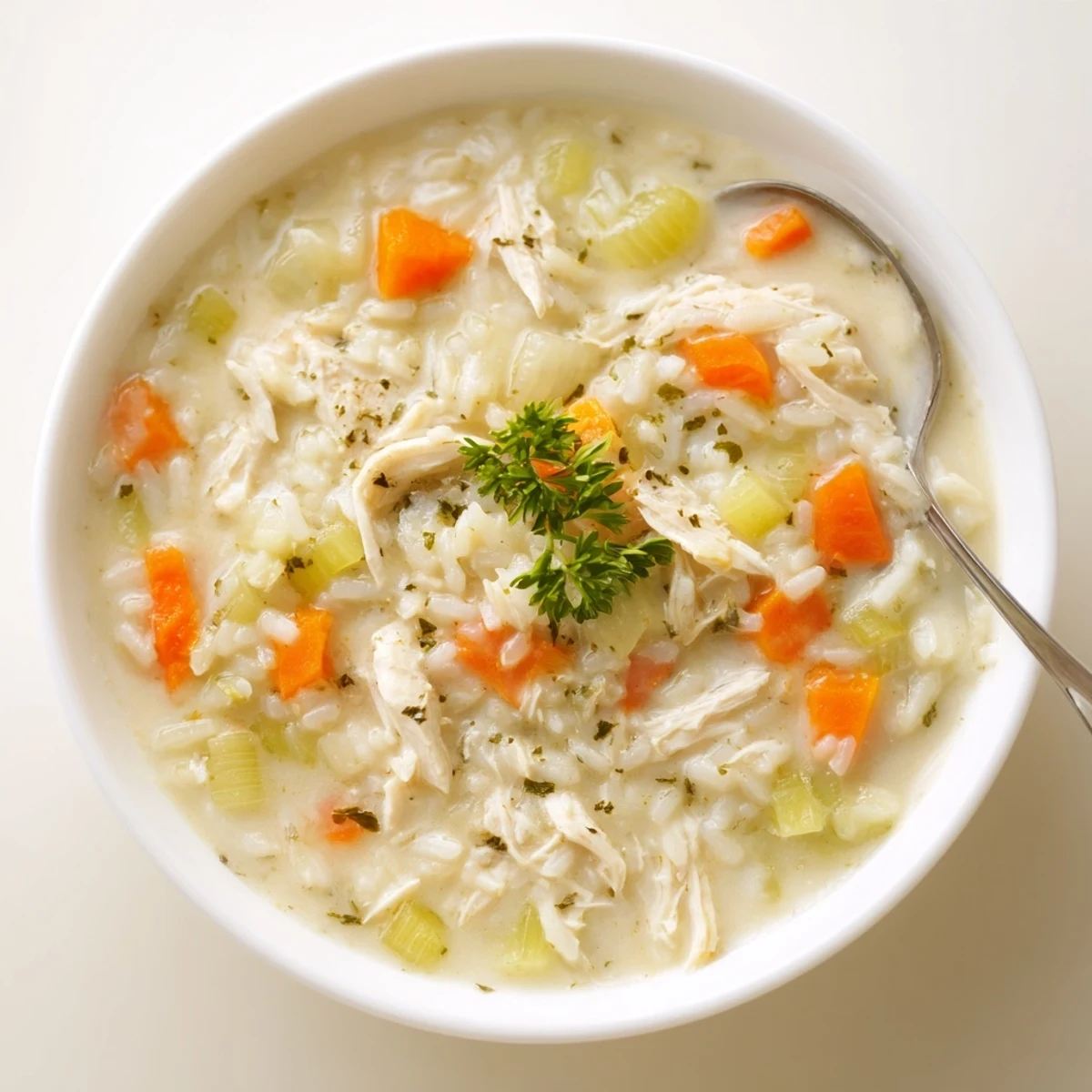 Creamy Chicken Rice Soup steaming in bowl, tender chicken and silky broth