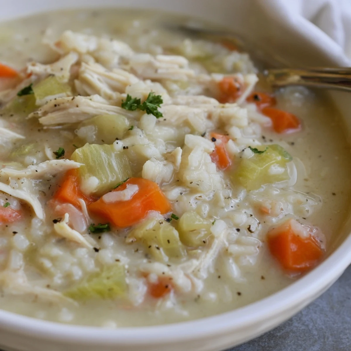 Bowl of Creamy Chicken Rice Soup garnished with parsley, served with bread