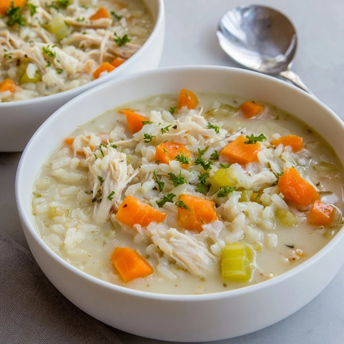 Hearty Creamy Chicken Rice Soup with carrots and celery, rich, warming spoonful