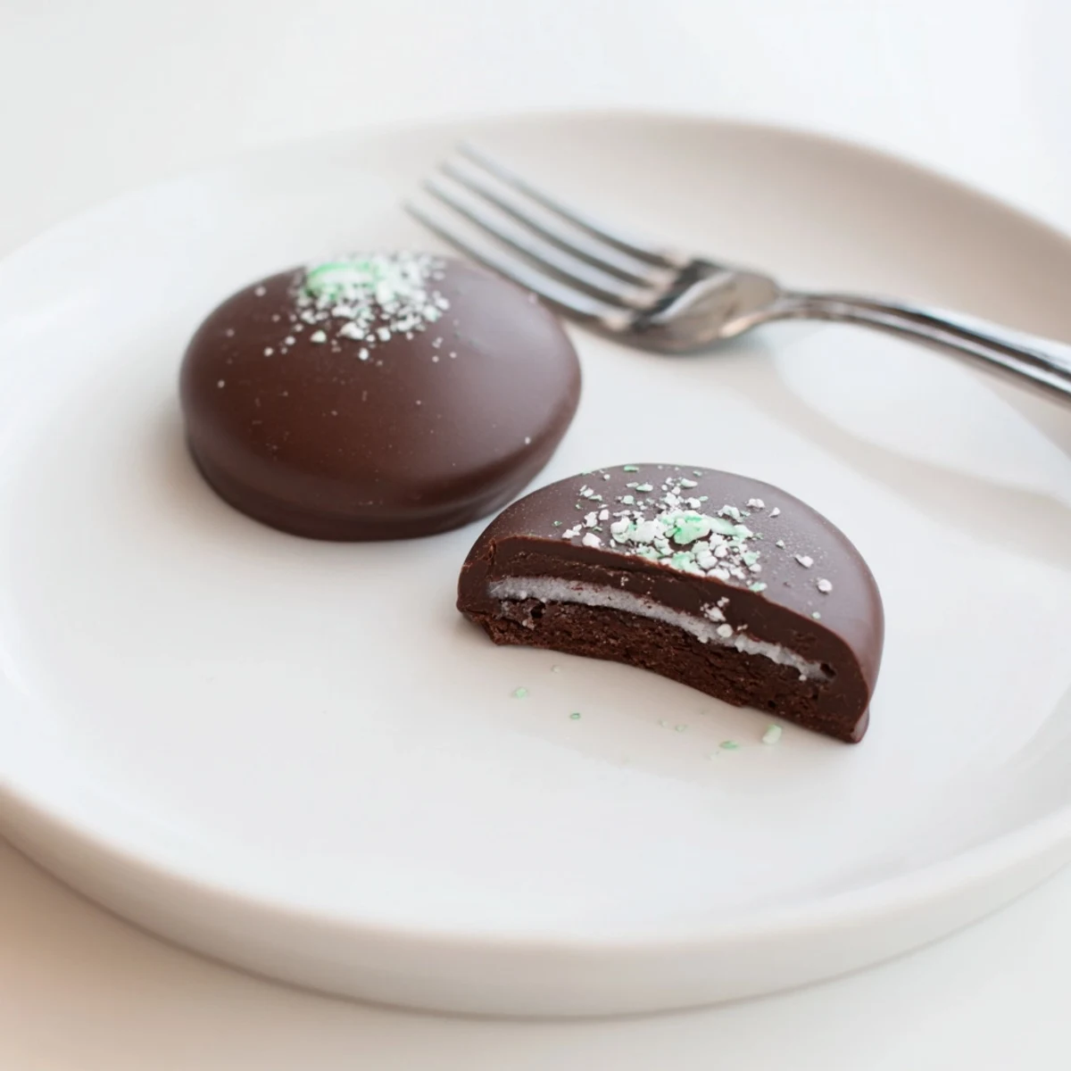 Peppermint Patties arranged on parchment, glossy dark chocolate, cooling on tray.
