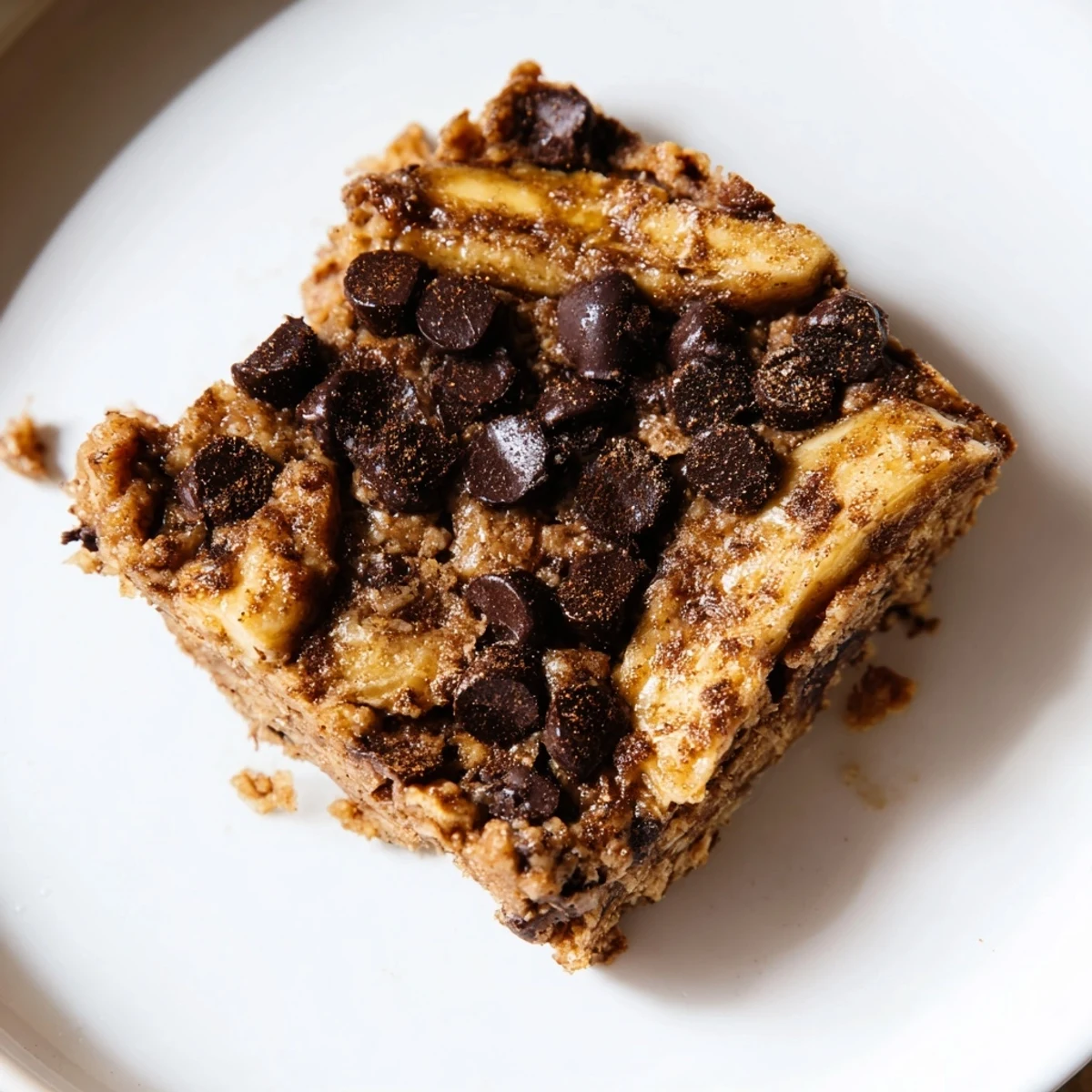 Golden Flourless Peanut Butter Banana bars studded with melted dark chocolate chips, fresh from the oven