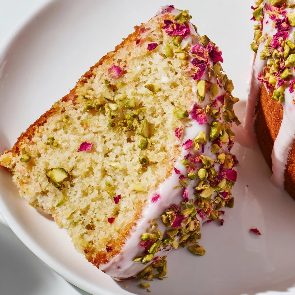 Golden Persian love cake almond slice topped with rosewater glaze and crushed pistachios