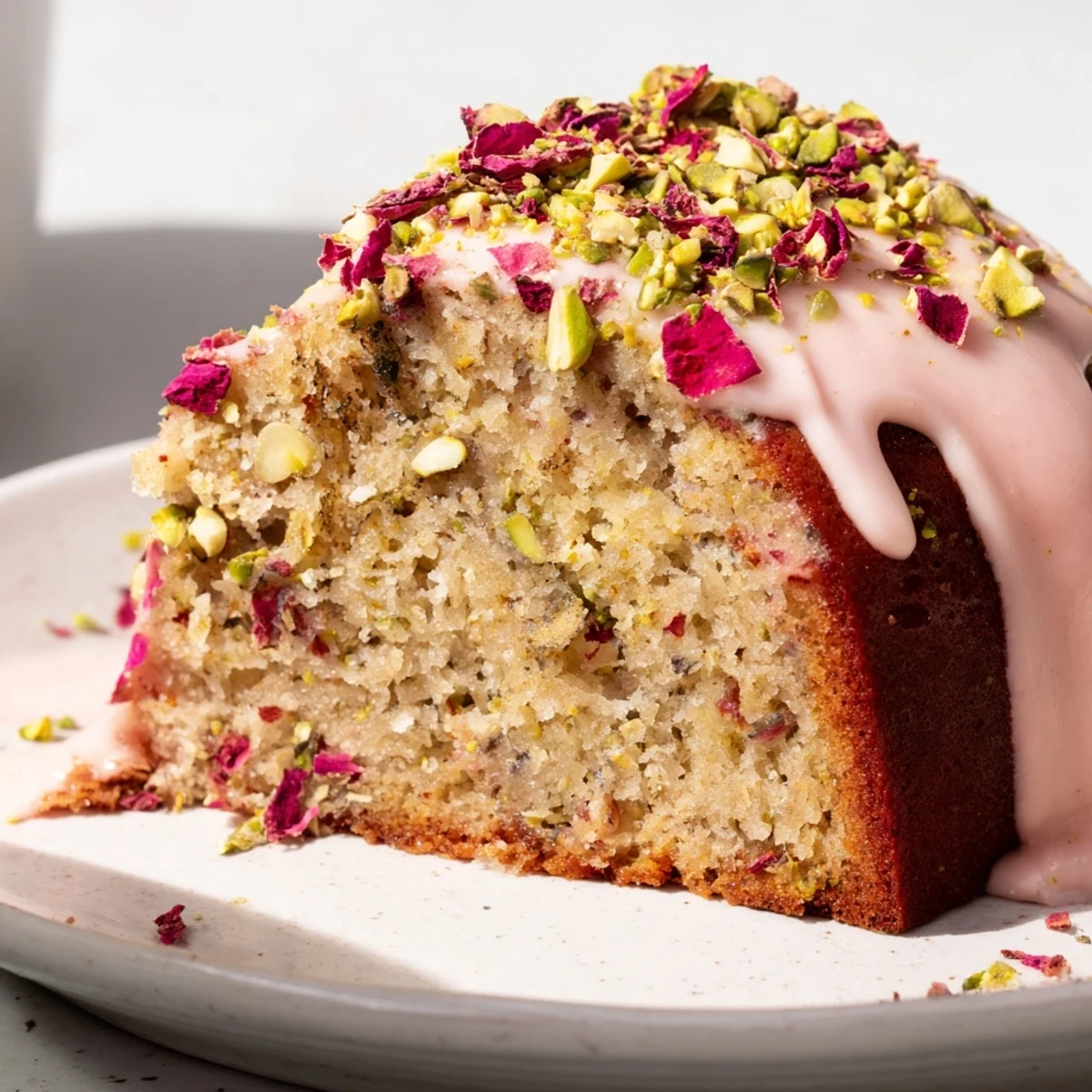 Fragrant Persian love cake almond dessert decorated with green pistachios and rose petals