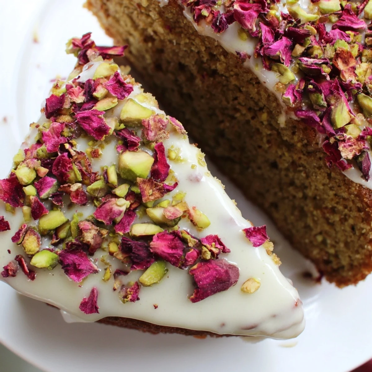 Moist almond cake flavored with cardamom and lemon zest drizzled with rosewater icing