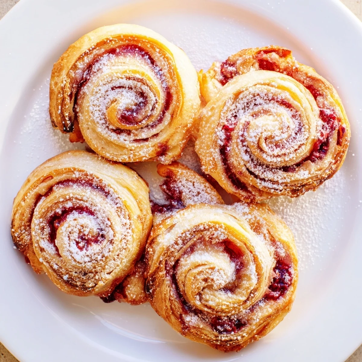Golden brown raspberry puff pastry rolls dusted with powdered sugar on a white serving plate