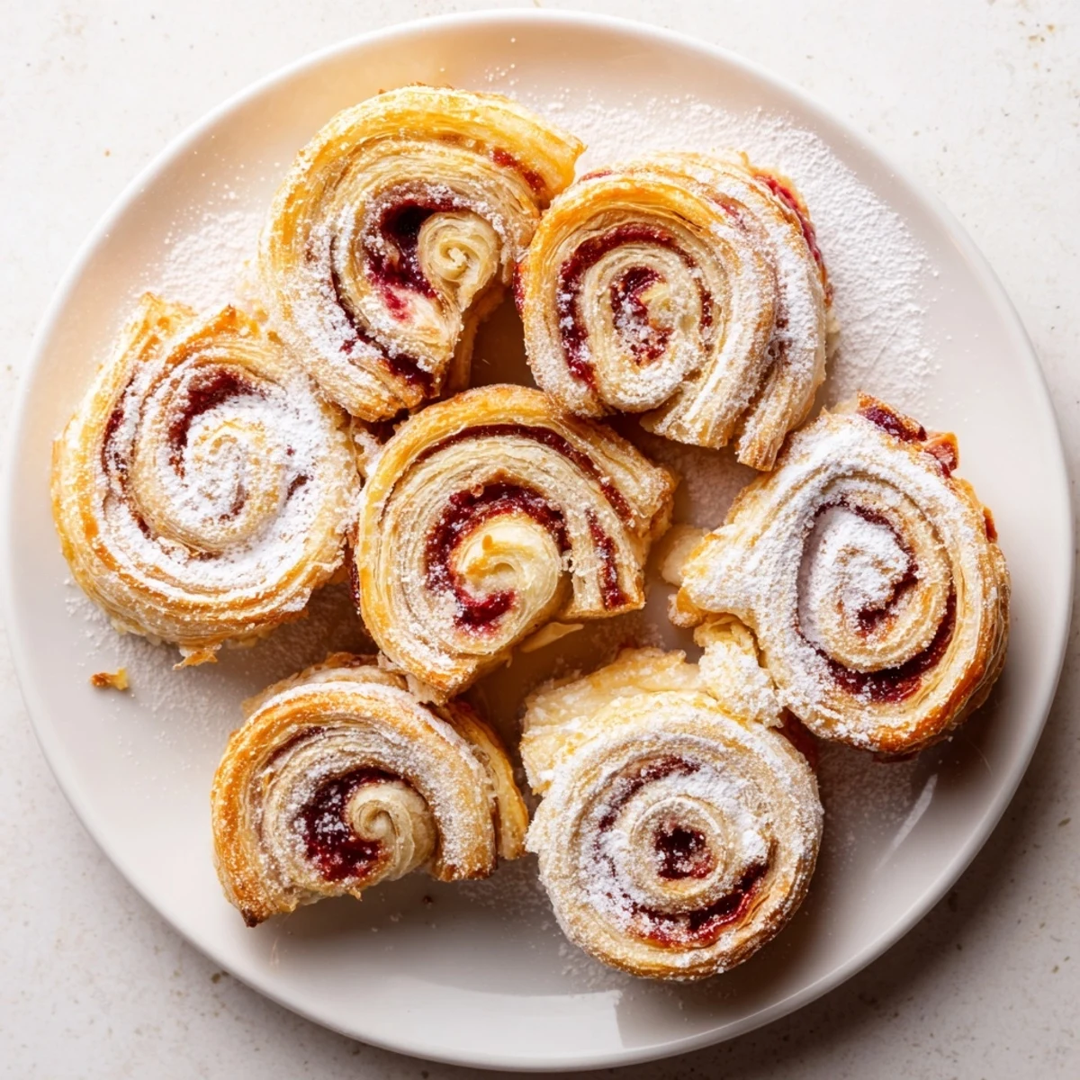 Flaky baked pastry spirals filled with sweet raspberry preserves and topped with confectioners sugar