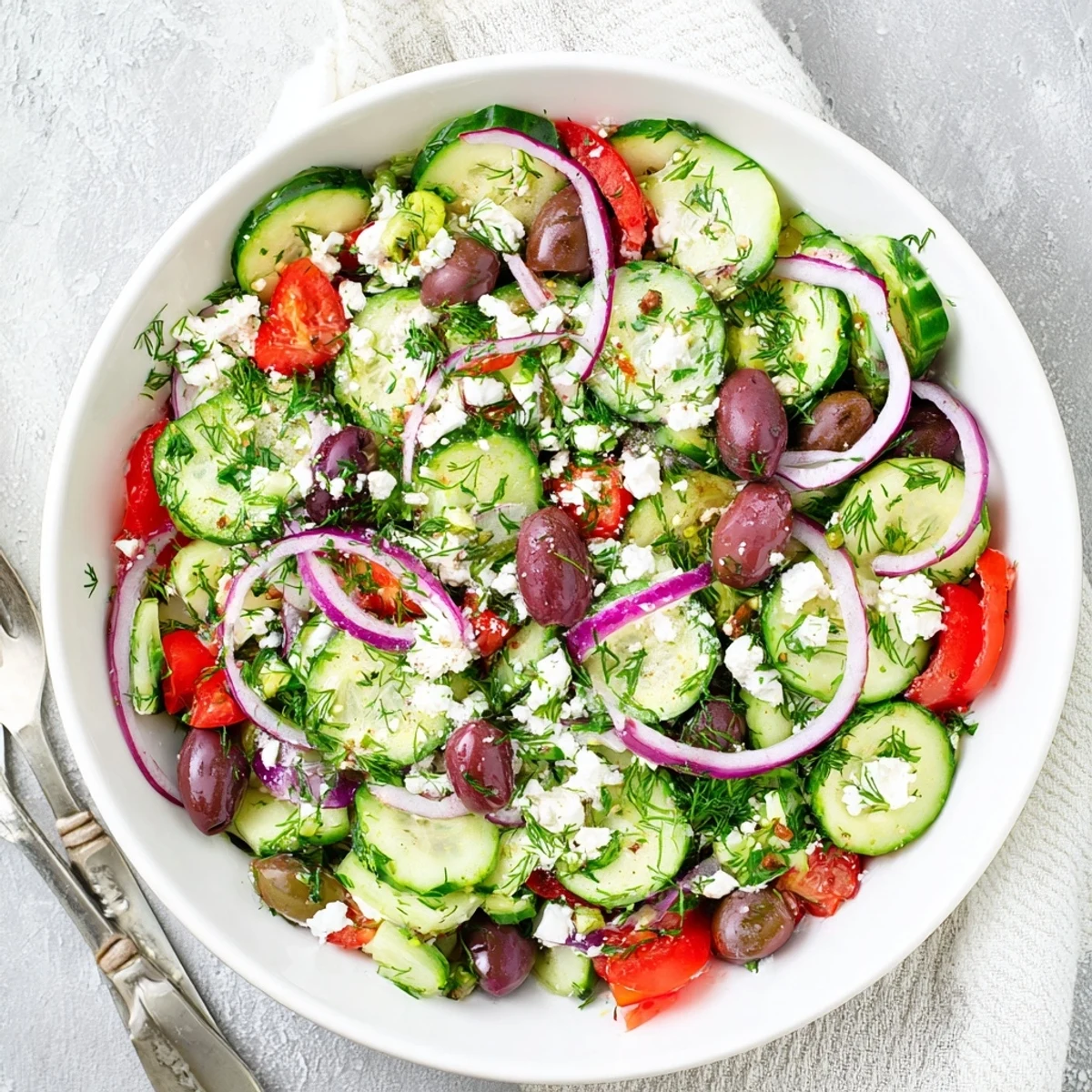 Colorful bowl of Mediterranean cucumber salad featuring tomatoes, olives, and crumbled feta with lemon dressing.