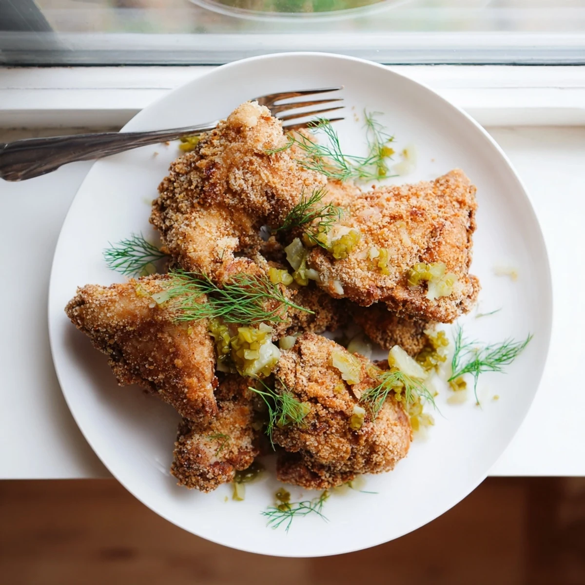Golden brown crispy dill pickle chicken rests on a wire rack after frying